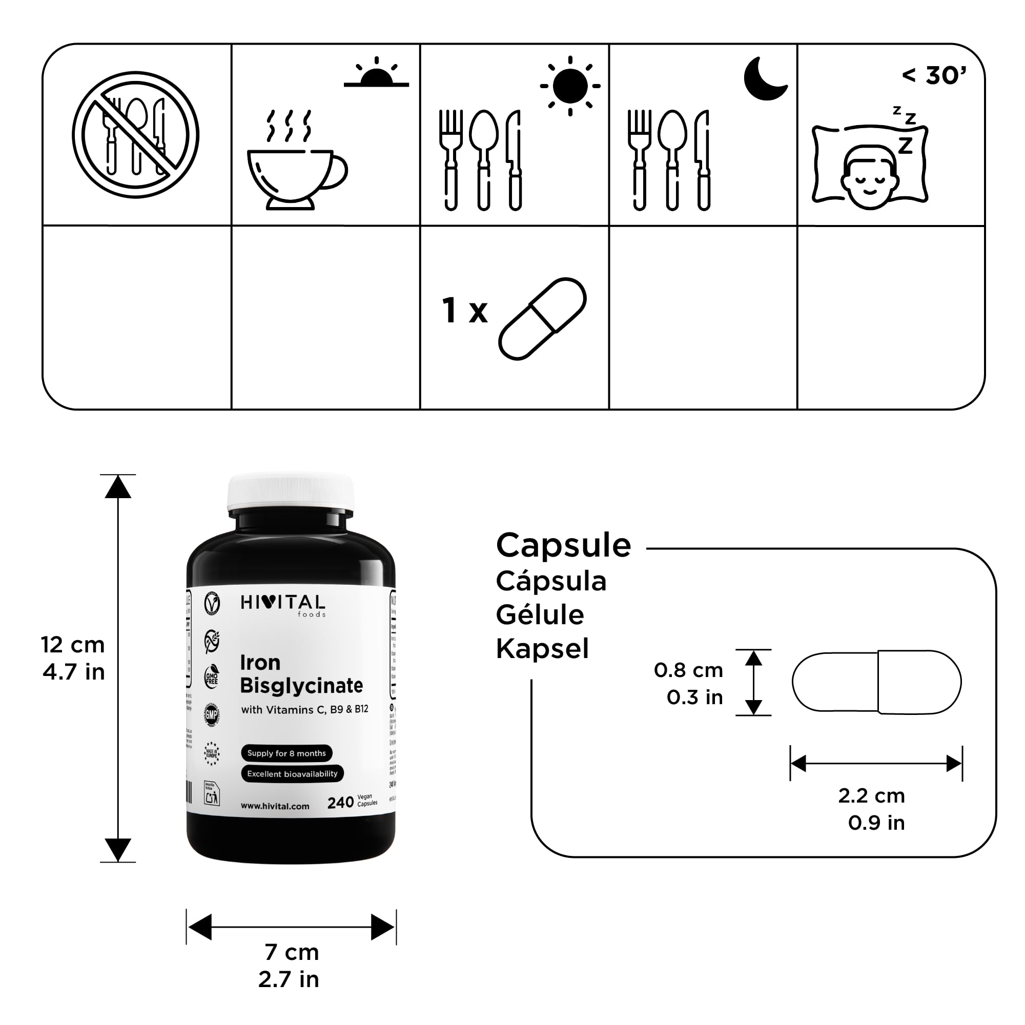 Fer 14 mg. 240 gélules végétaliennes pour 8 mois de traitement. Bisglycinate de fer pur végétal avec vitamine C, acide folique et vitamine B12. Fabriqué en Europe par HIVITAL