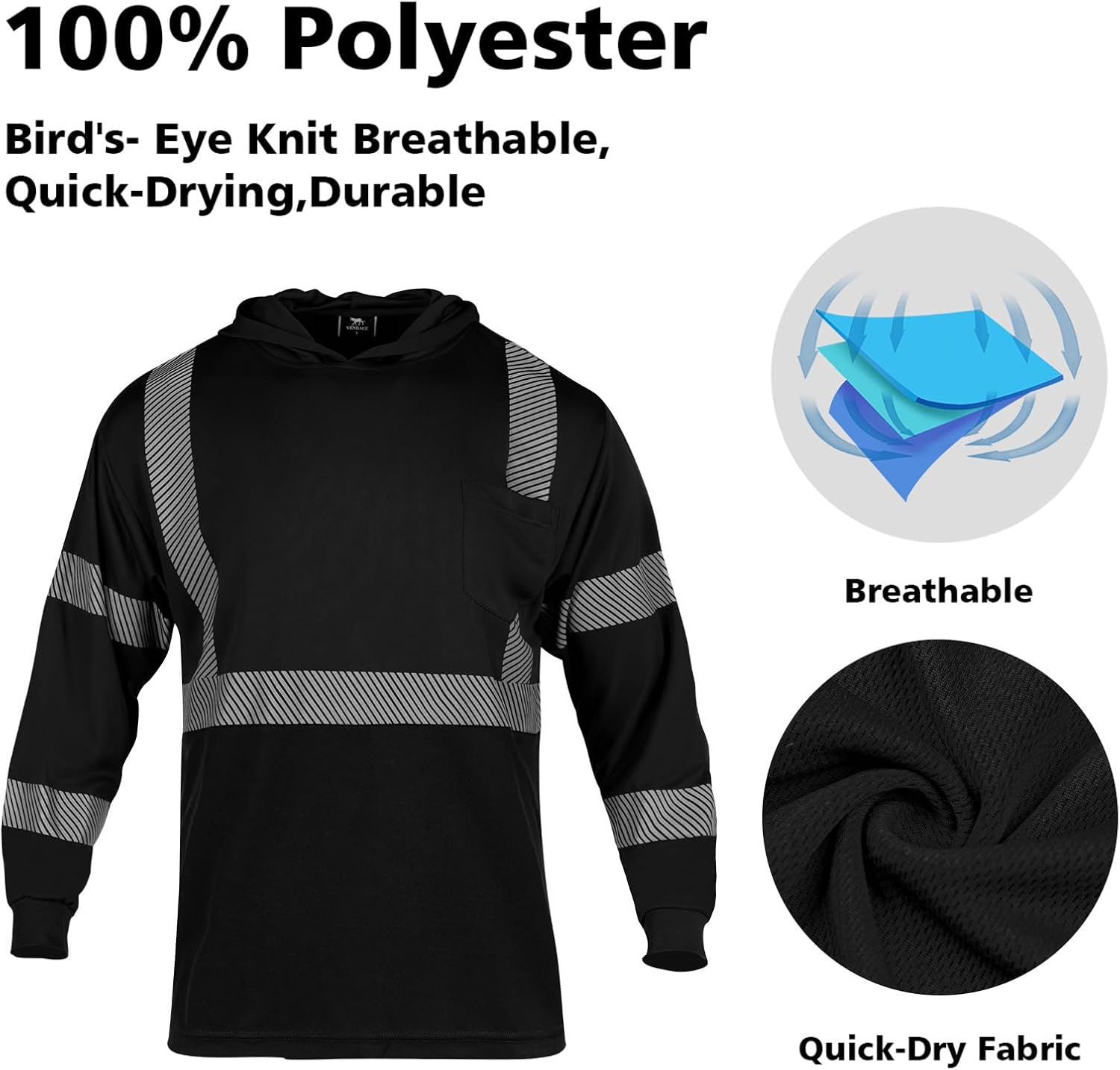 VENDACE 3pcs Safety Reflective High Visibility Long Sleeve ANSI Class 3 Hi Vis Construction Work T Shirts for Men with Hood - Image 4