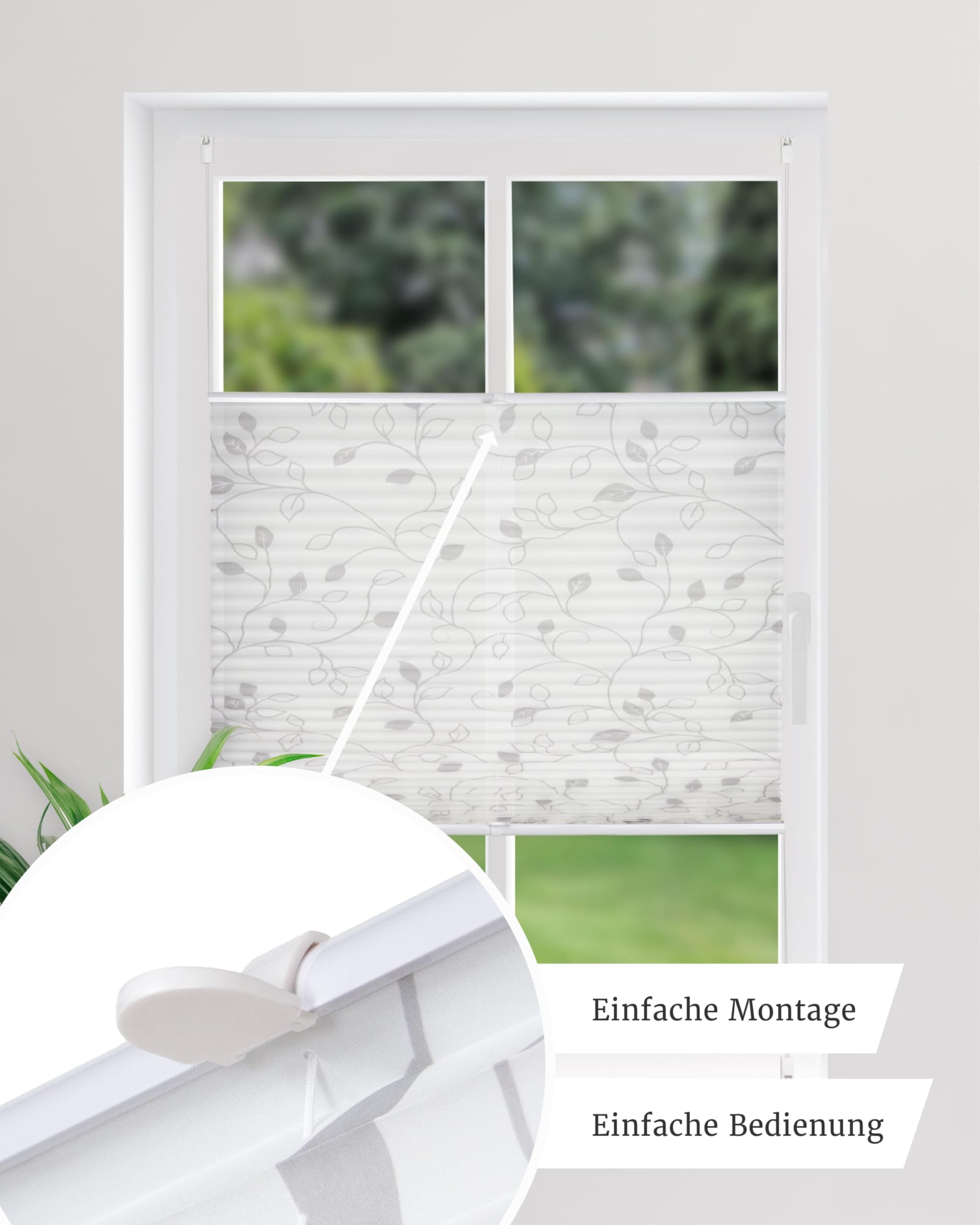 by Garesa Fenster Klemmfix Plissee ohne Bohren Motiv Ranke 80 x 130 cm, Grau - Lichtdurchlässiger Fenster Sichtschutz und Fenster Deko, Faltrollo