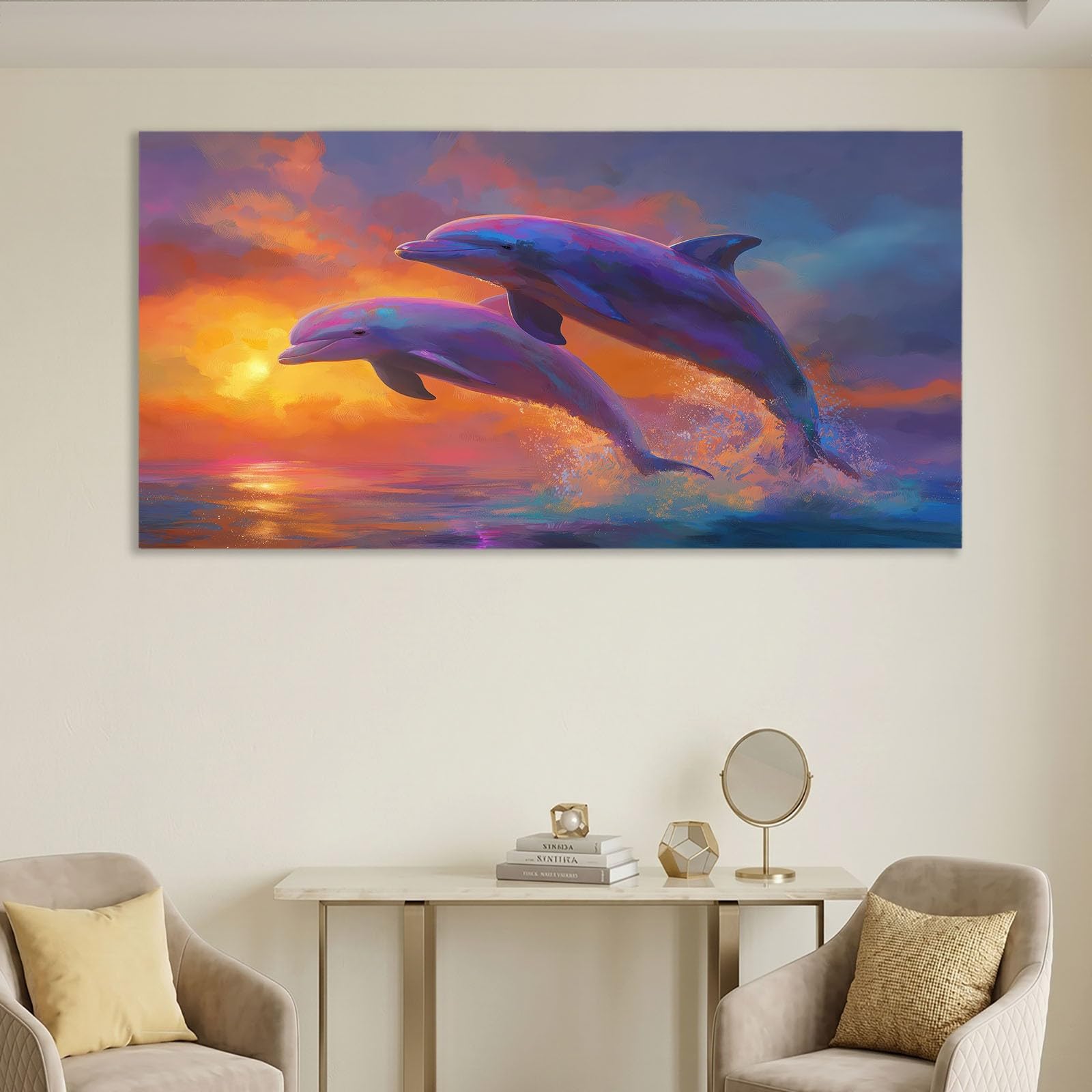 Stampa su tela, 90 x 60 cm, motivo oceano tramonto, stampa artistica da parete su tela, decorazione per camera da letto, regalo, delfino
