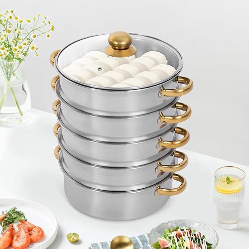 Miniatura 6 de Olla vaporera de acero inoxidable de 5 niveles, capacidad de 2.38 galones, utensilios de cocina de vapor Tamale, calefacción uniforme, olla de vapor