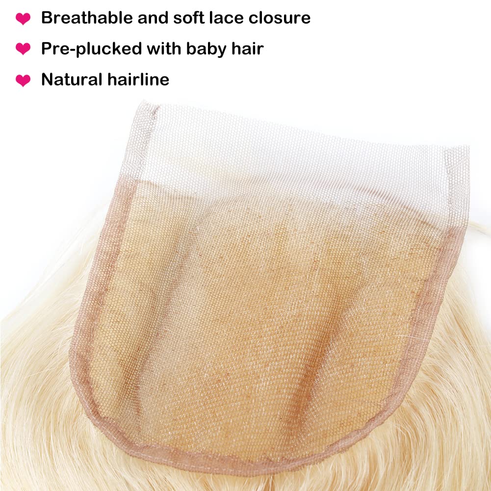 4 * 4 613 Blonde Lace Closure Human Hair Body Wave Free Part with Baby Hair Brazilian Human Hair Closure 16 inch