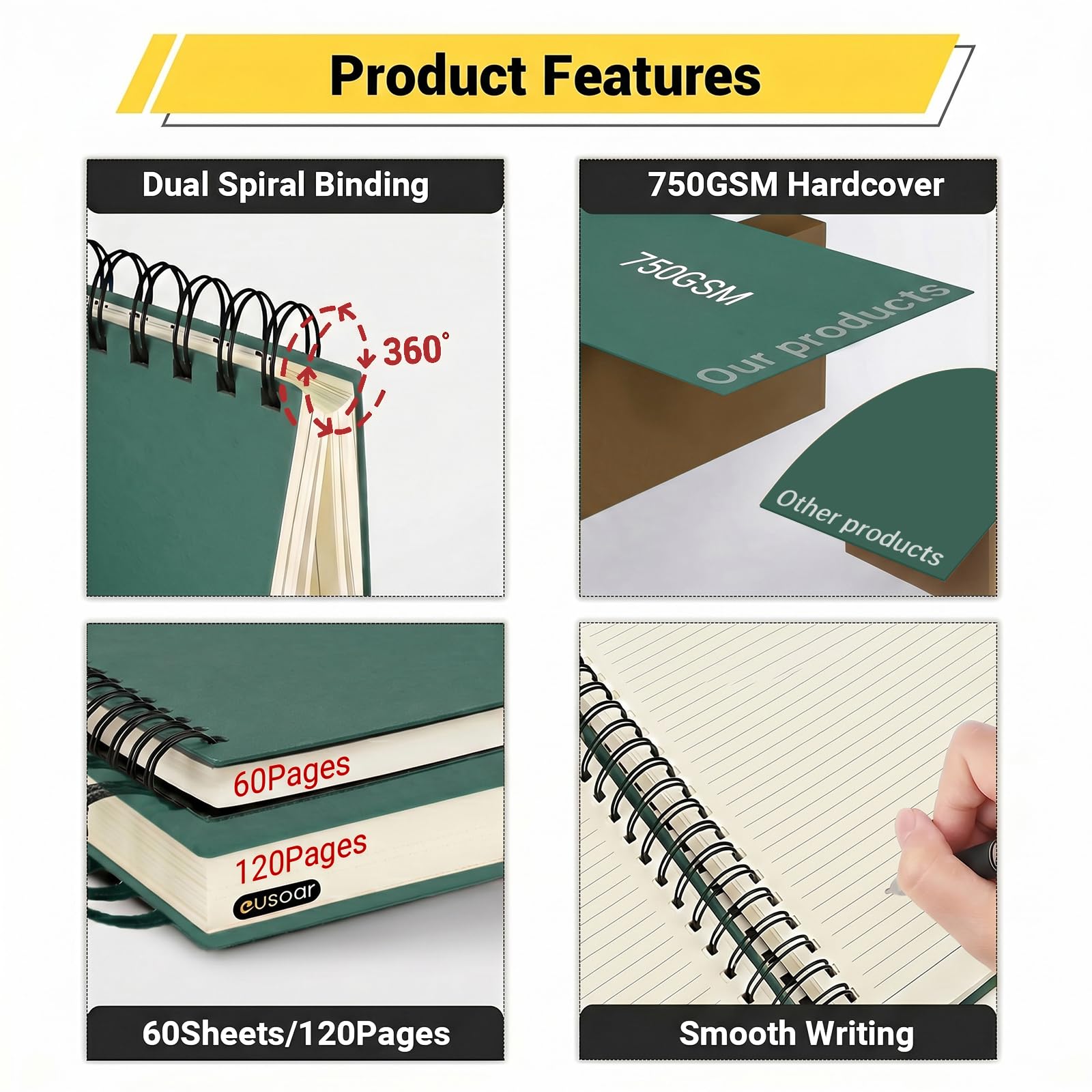 EUSOAR Paquete de 6 cuadernos en espiral, 7.3 x 10.2 pulgadas, B5, verde oscuro, rayados, 120 páginas/60 hojas, cuadernos pequeños con forro en espiral, cuaderno de negocios, cuaderno de notas a