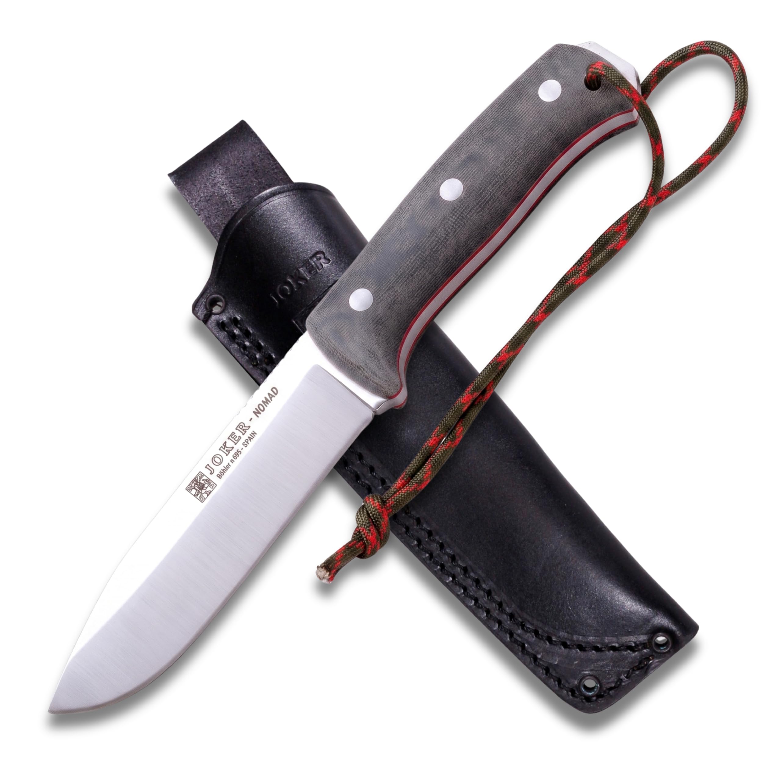 joker Coltello da caccia Nomad CV125, mango tela micarta, lama di 12,7 cm, fodero in pelle nera, include paracord, per la pesca, la caccia, l'escursionismo, il campeggio.