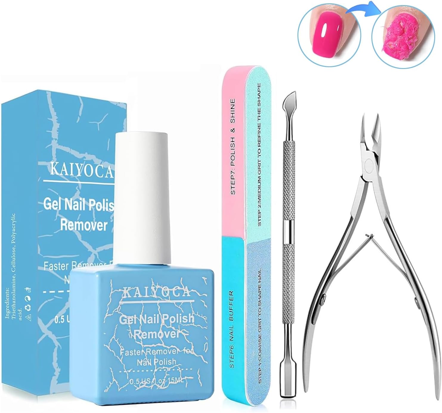Gel Nagellak Remover Set- met Nagelriem Pusher en Nagelriem Nippers Nagelvijl, Professionele Acrylpoeder Nagellak Remover, Verwijder Nagellak in 3-5 minuten, Geen weken of wikkelen