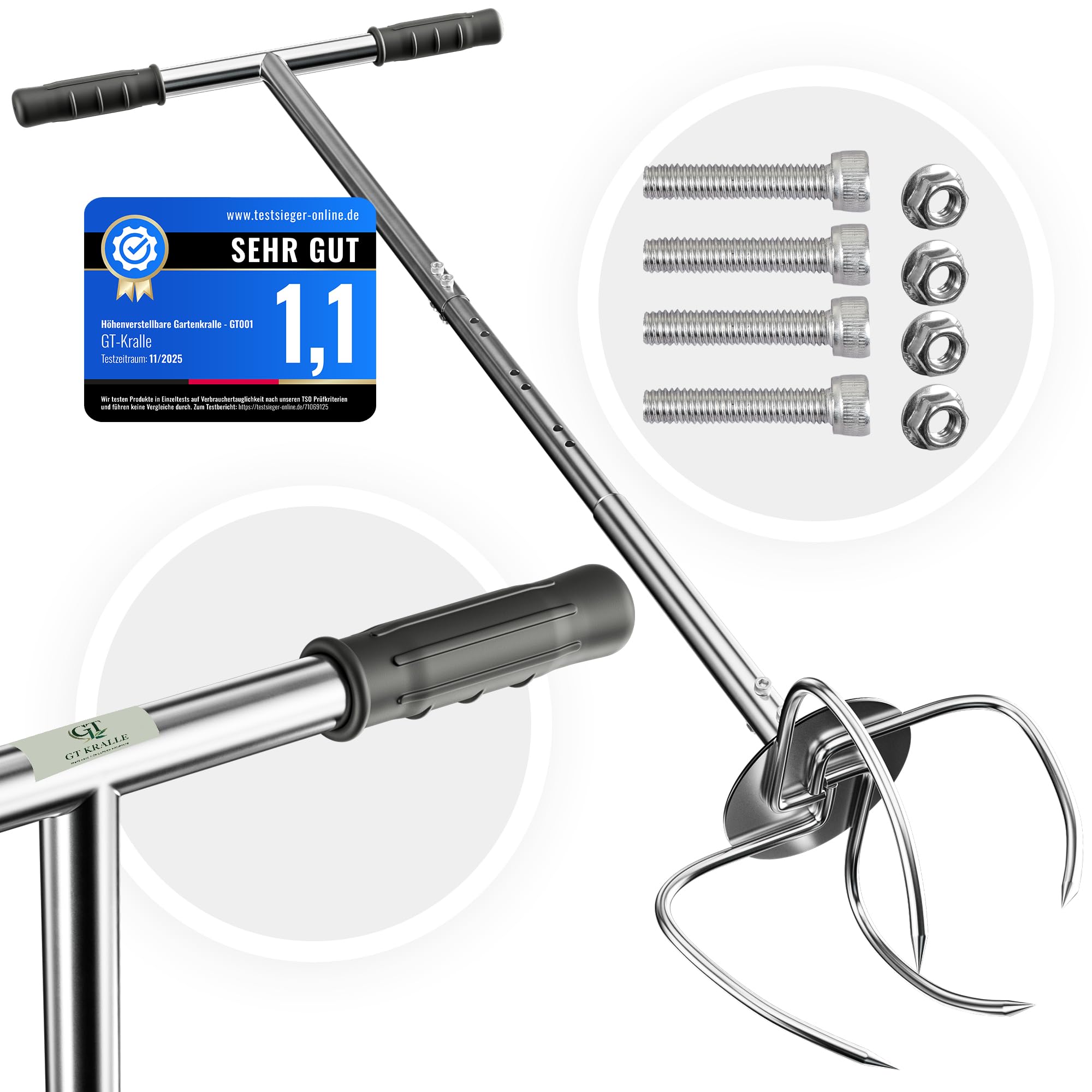Garra de jardín con mango ajustable en altura y ergonómico | Extractor de malezas de acero inoxidable para jardinería | GT Kralle