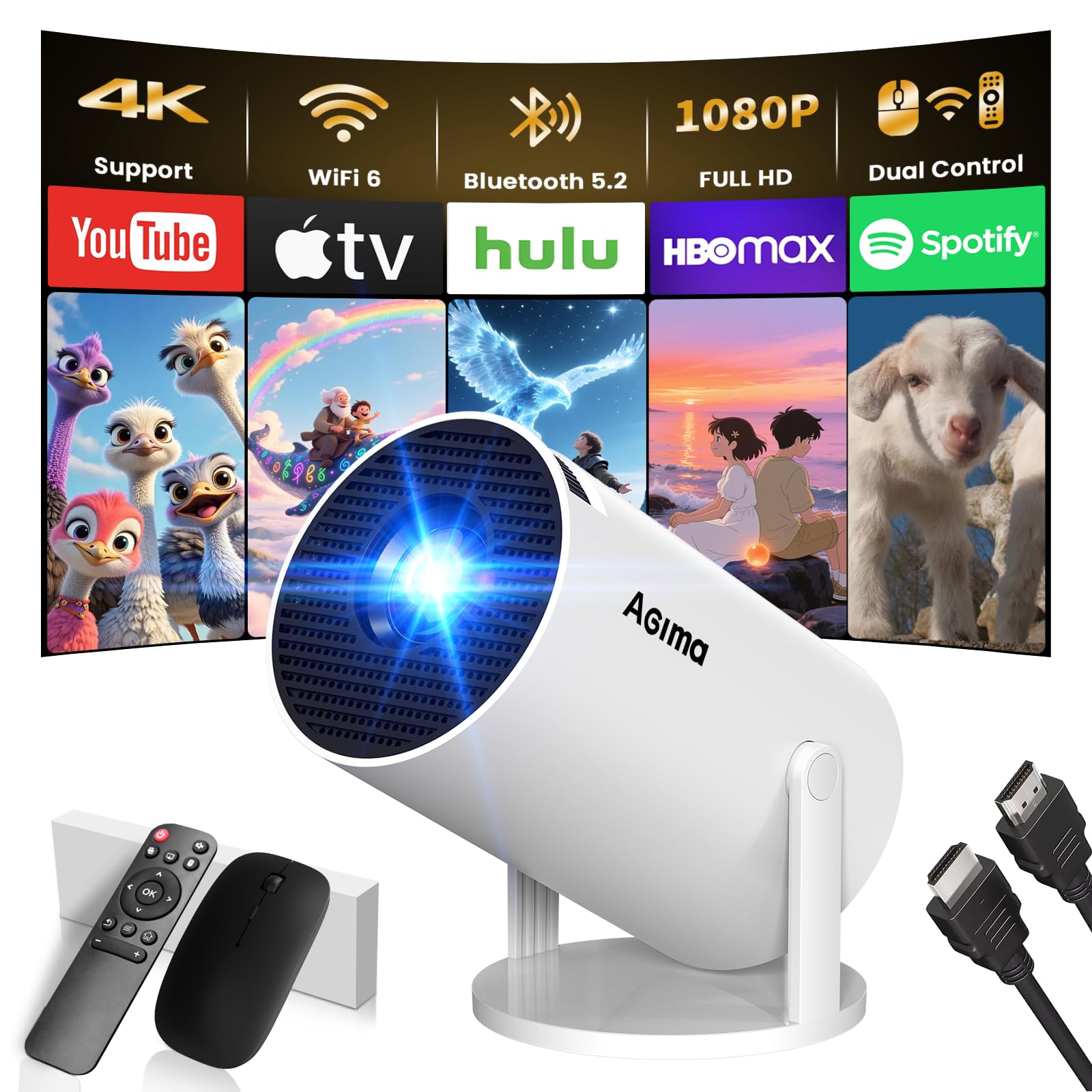 [App Integrada] Mini Proyector 2026 Upgraded Proyector Portátil, Dual Control con Ratón WiFi 6 BT5.2 180° Rotation Compatible con HDMI/TV Stick/USB/Laptop, con Ratón, Blanco