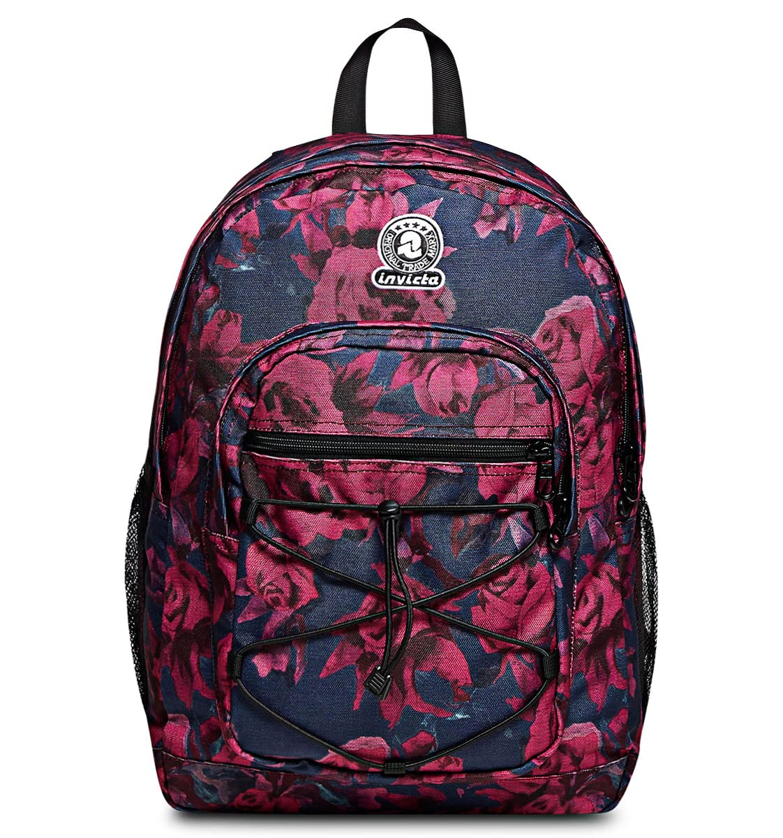 Invicta Schulranzen DIAL ROSES FANTASY mit Trinkflaschenfach, Extra Platz - 38 LT - Unisex, für Sport und Freizeit, italienisches Design, Geräumige Schultasche für Teenager schwarz/rosa Blumenmuster