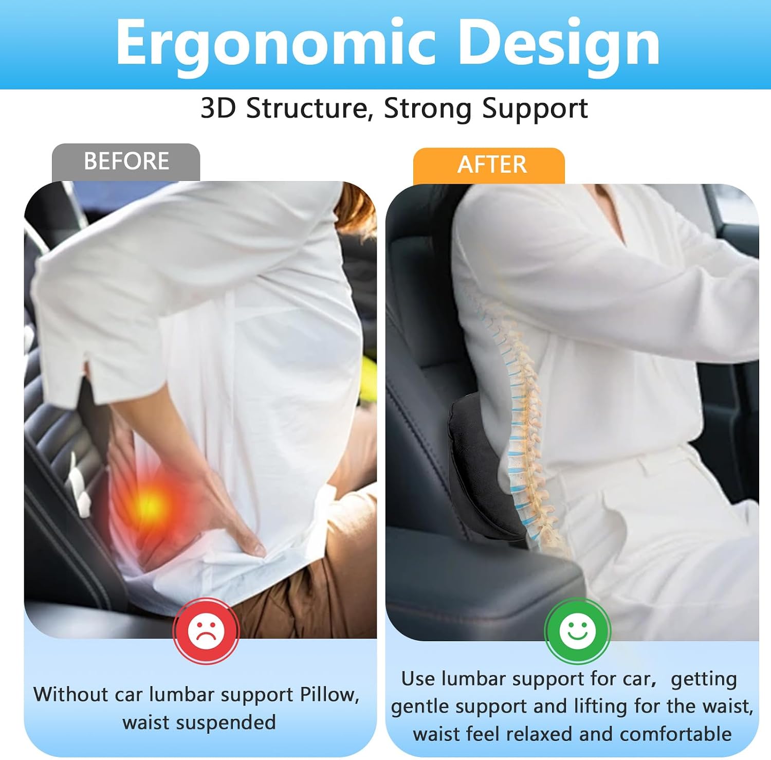 Car Lumbar Support Pillow, Memory Foam Vehicle Seat Lower Back Support Cushion for Back Lumbar Support for Car Lower Back Pillow Comfortable Car Seat Back Support, Universal for Vehicles