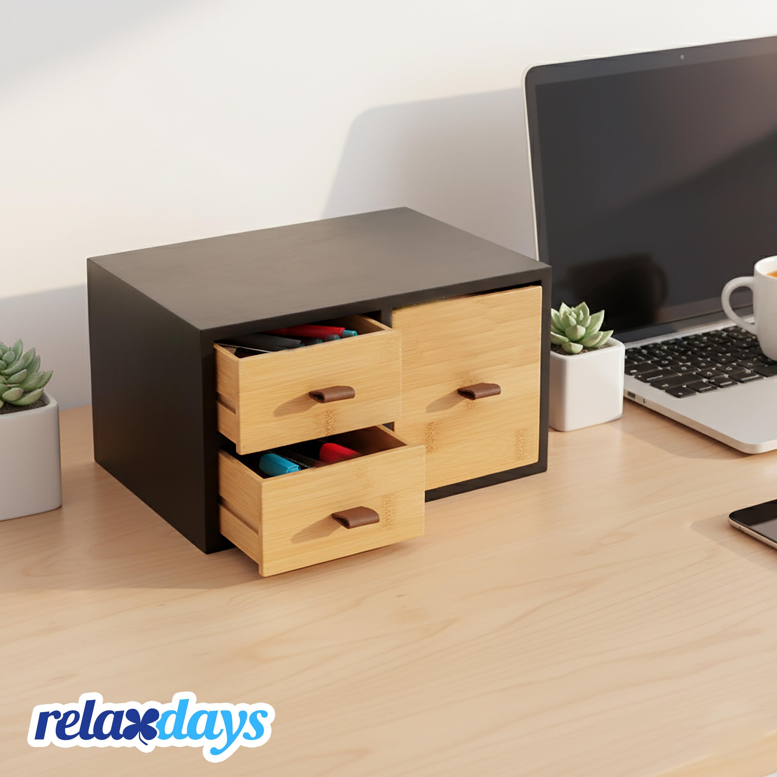 Relaxdays Schubladenbox Bambus & MDF, 3 Schubladen, Schlaufen, HBT: 15x25x20 cm, Schreibtisch Organizer, schwarz/Natur