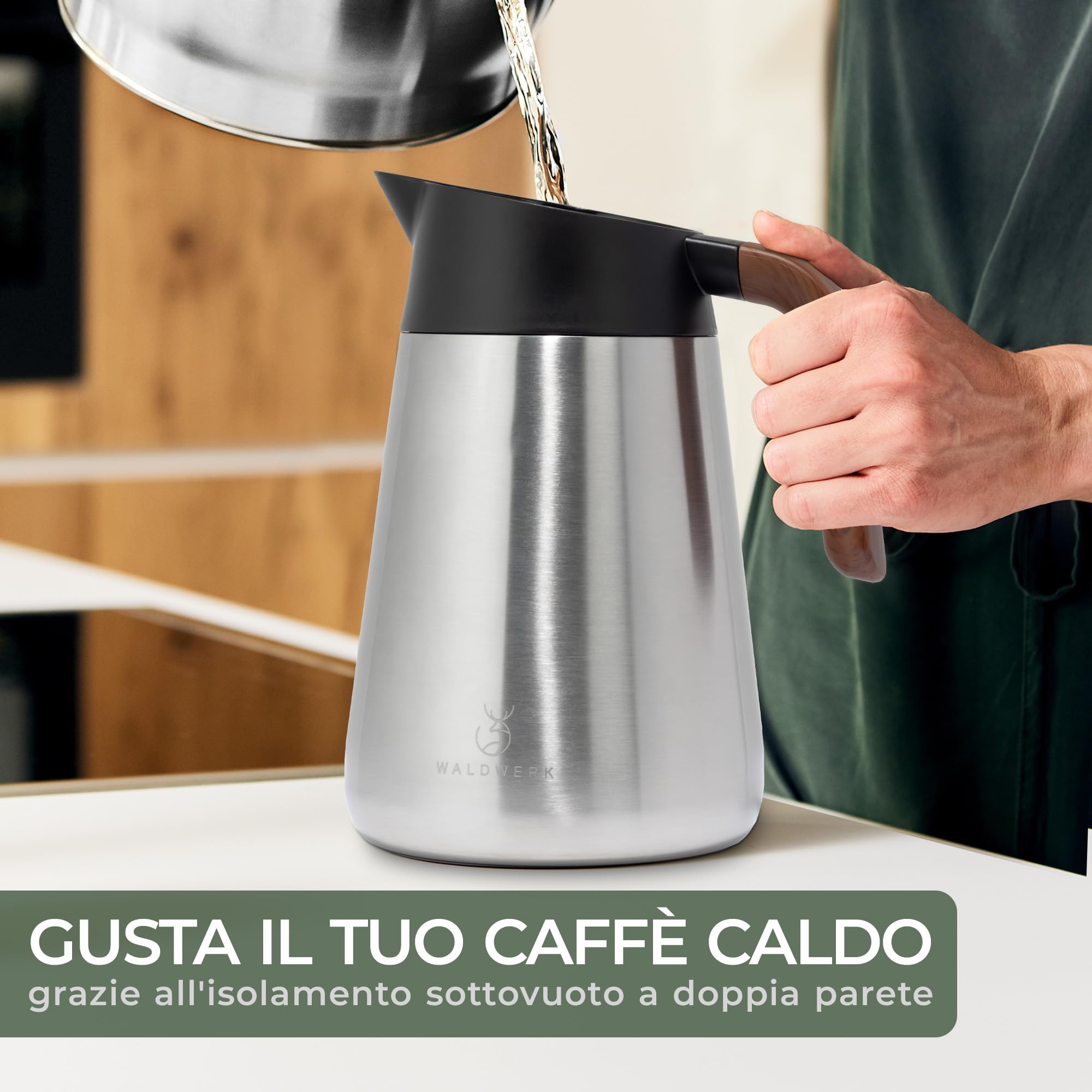 WALDWERK Caraffa Termica (1,5L) – Thermos Caffè in acciaio inox 304 a doppia parete – Brocca Isolante con beccuccio antigoccia – Bottiglia Termica per Caffè