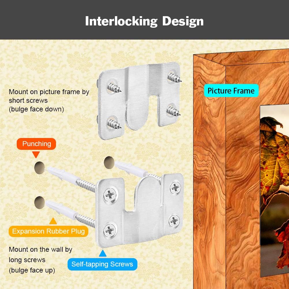 2 Sets Furniture Flush Mount Bracket-Headboard Wall Mount Hardware-Large Picture Hangers-Mirror Hook Matching Hook-Stainless Steel Interlocking Z Clips (Large,with Screws and Expansion Plastic Plug)