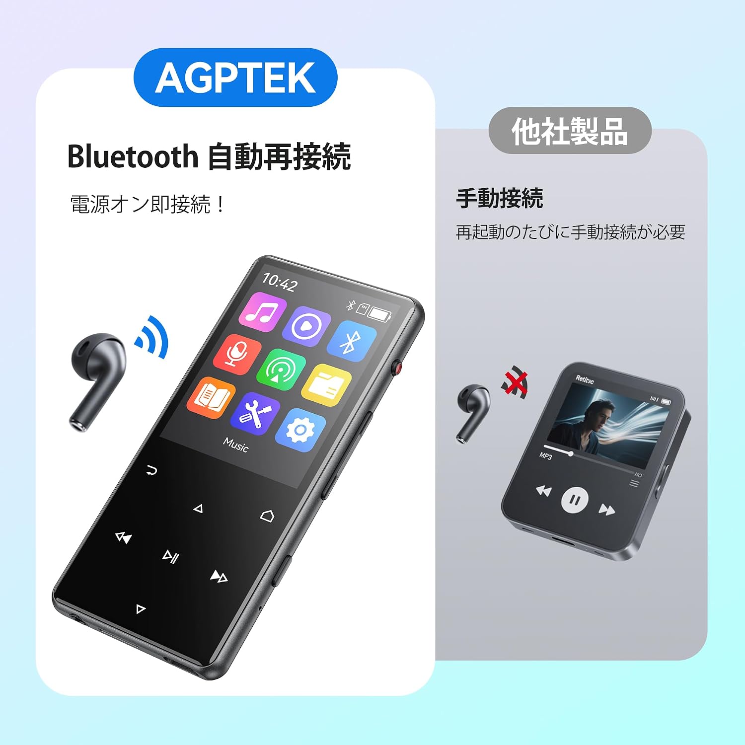 AGPTEK M6U MP3 Player with Bluetooth earbuds, showing automatic reconnection feature.