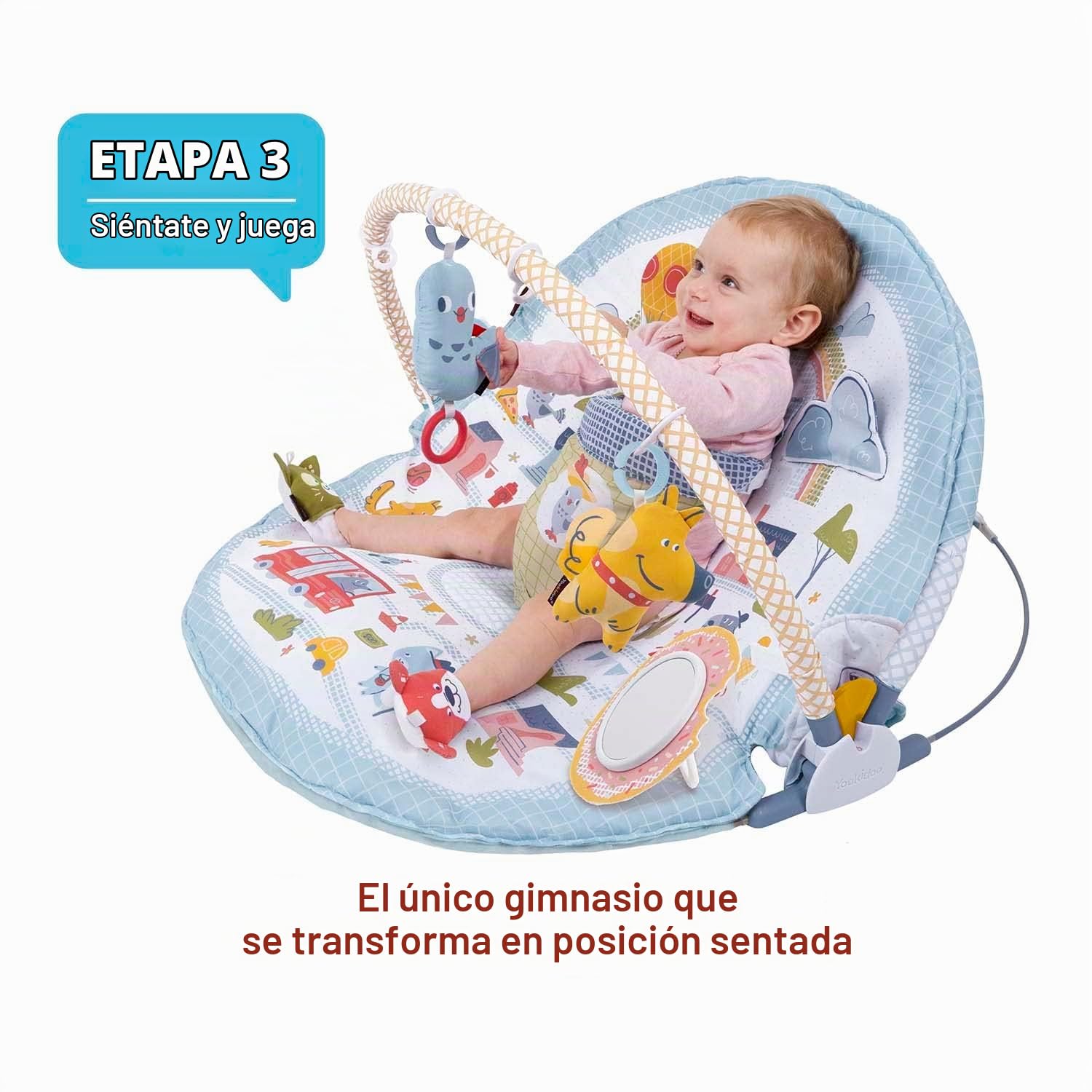 Yookidoo 3-en-1 Urban Gimnasio Bebé. Tumbado y Sentado Manta de Actividades con Cojín y Juguetes Infantiles. Fácil Plegado para Llevar. 0-12 Meses