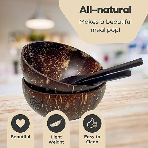 Miniatura 4 de purpleclay Juego de 2 cuencos de coco y cucharas de madera, naturales, hechos a mano, aptos para veganos, ensalada, batido o Buda y utensilios de