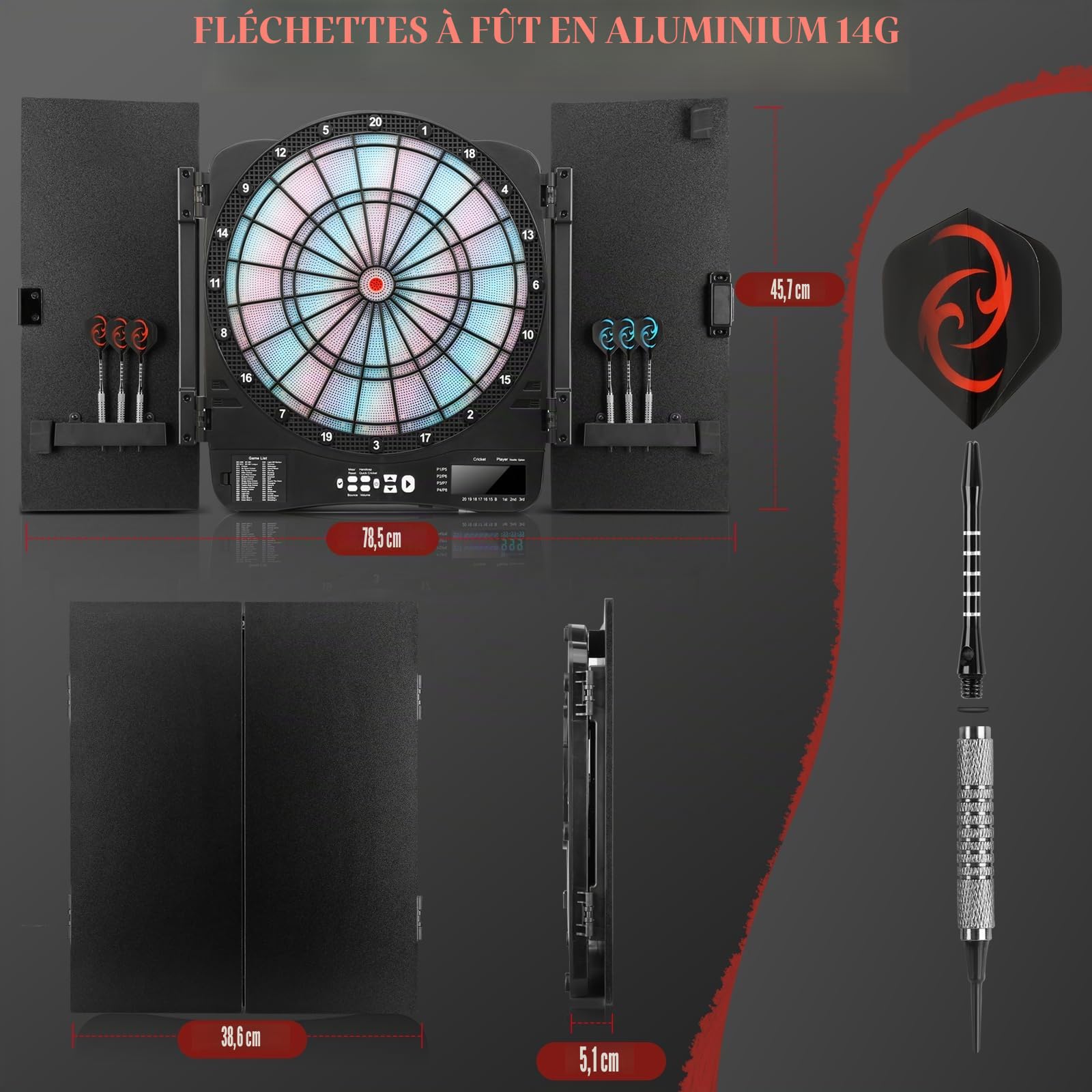 Cible de fléchettes électronique, cible lumineuse pour adultes et enfants, 48 jeux avec 315 variantes à pointe souple avec 6 fléchettes, 100 pointes souples