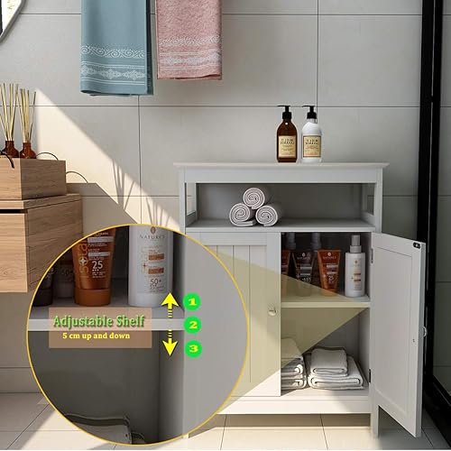 Miniatura 6 de RASOO Armario de almacenamiento de baño, armario organizador independiente blanco para baño, sala de estar (2 puertas y un estante ajustable)