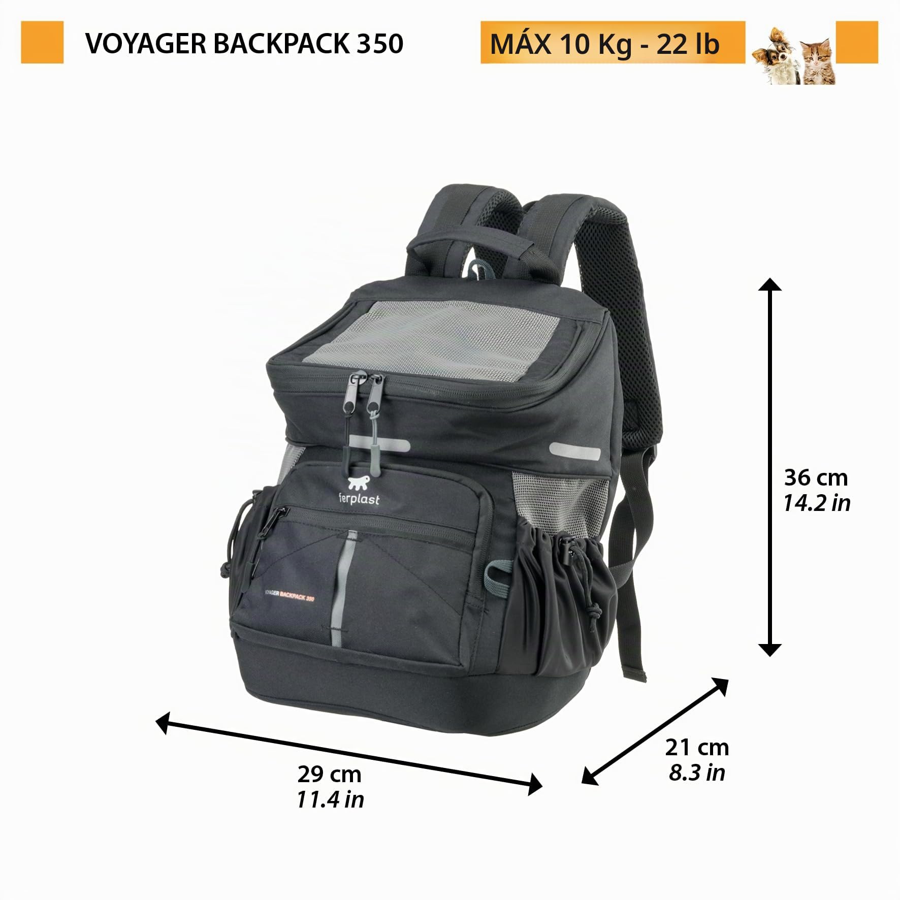 Ferplast Mochila Gato Voyager Backpack, Transportín Gato, Transportin Perro, Mochila, Gatos, Apertura Amplia, Correas Ajustables, Correa de Seguridad, con Cojín, Máx. 10 kg, 29x21x36H, Negro