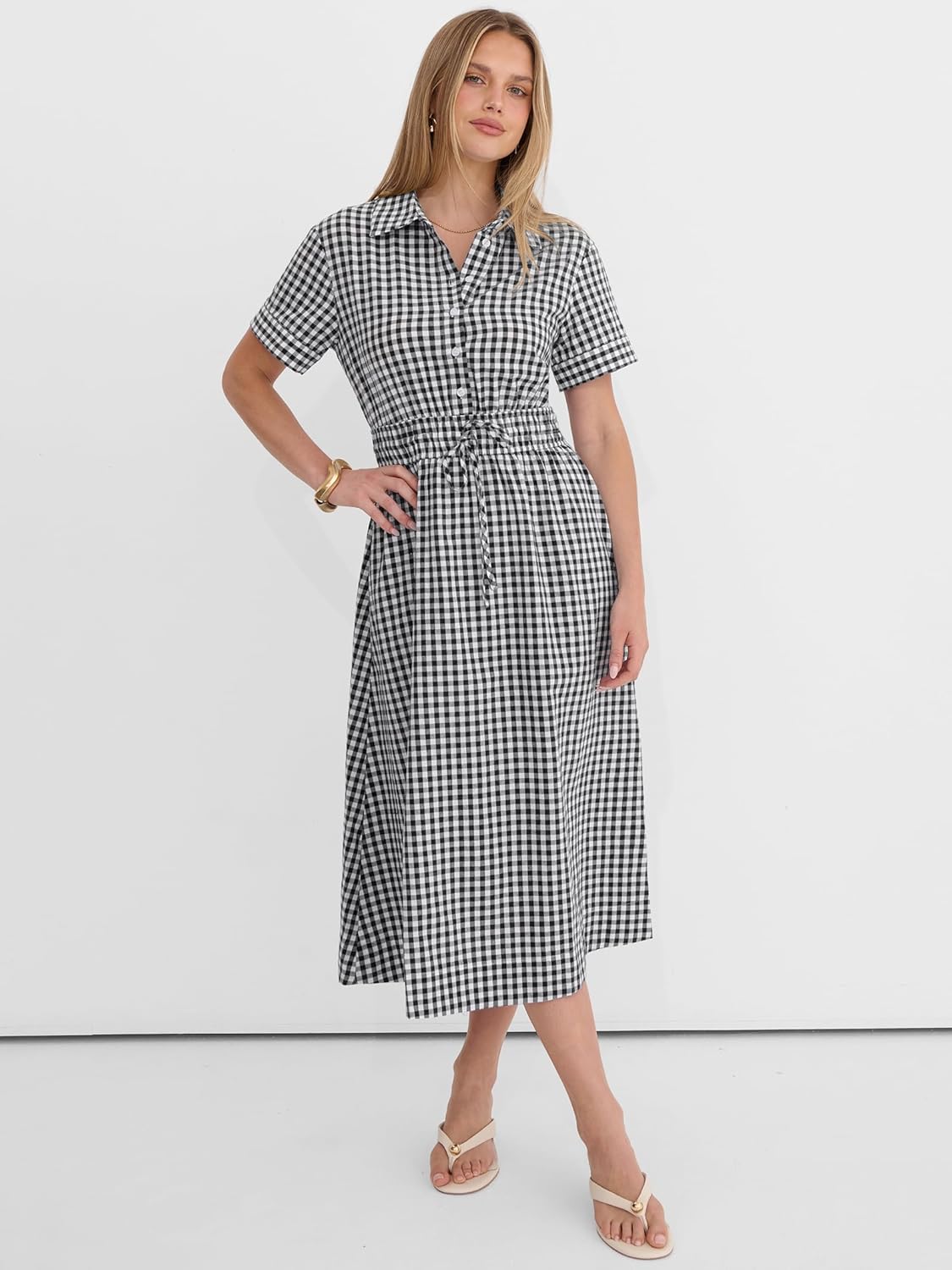 ANRABESS Womens Summer Midi Dress Short Sleeve Striped Plaid Button Collar Shirt Dresses 2026 Casual Beach Vacation Clothes - Image 2