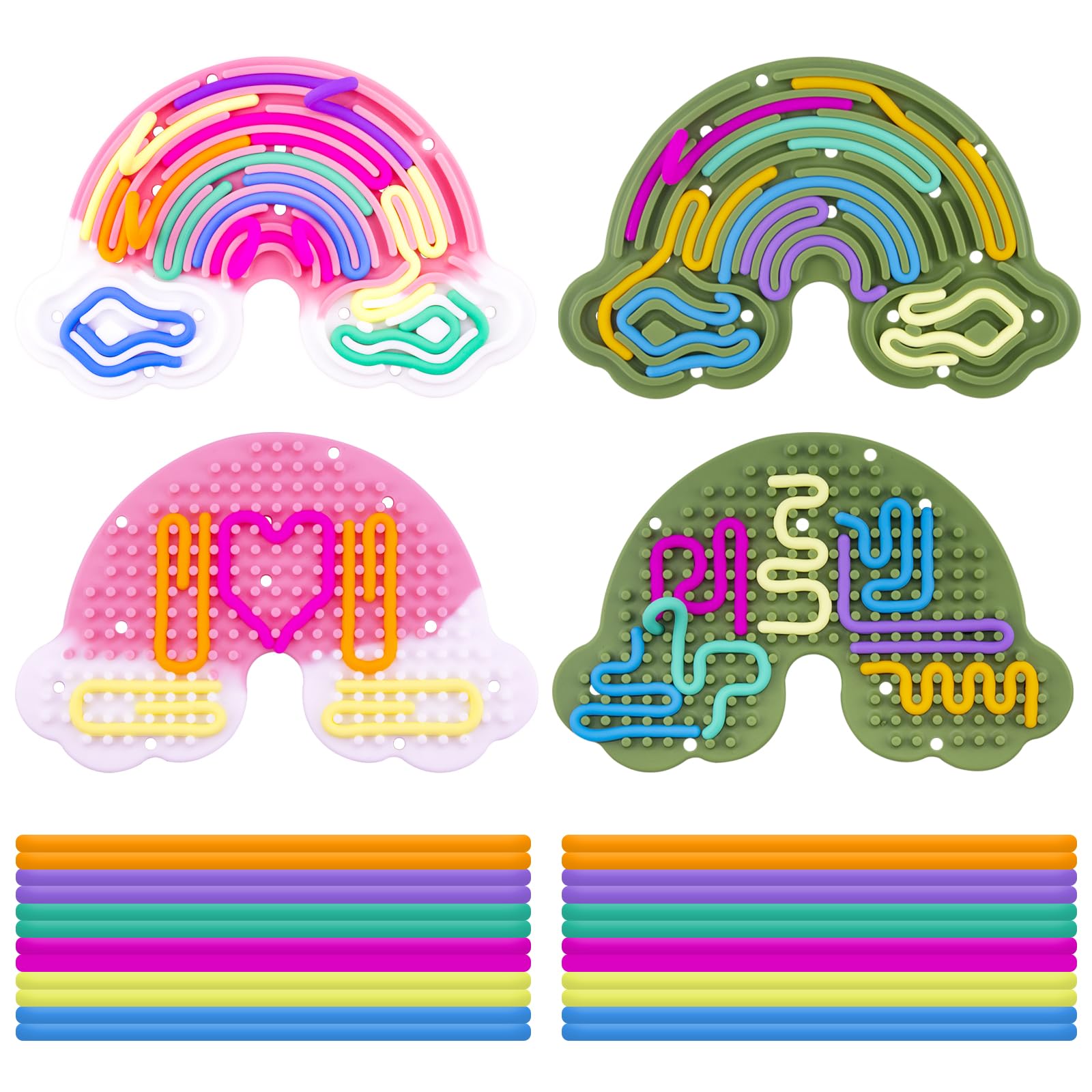 BMSQOFD 2 Pcs Sensory Activity Board Silicone Fidget Toy,Double Sided Rainbow Sensory Toys for Autism Stress Anxiety,ADHD,Kids Toddler Boys Girls 3+Adults with Travel Bag 24 Strings (Green&Pink)