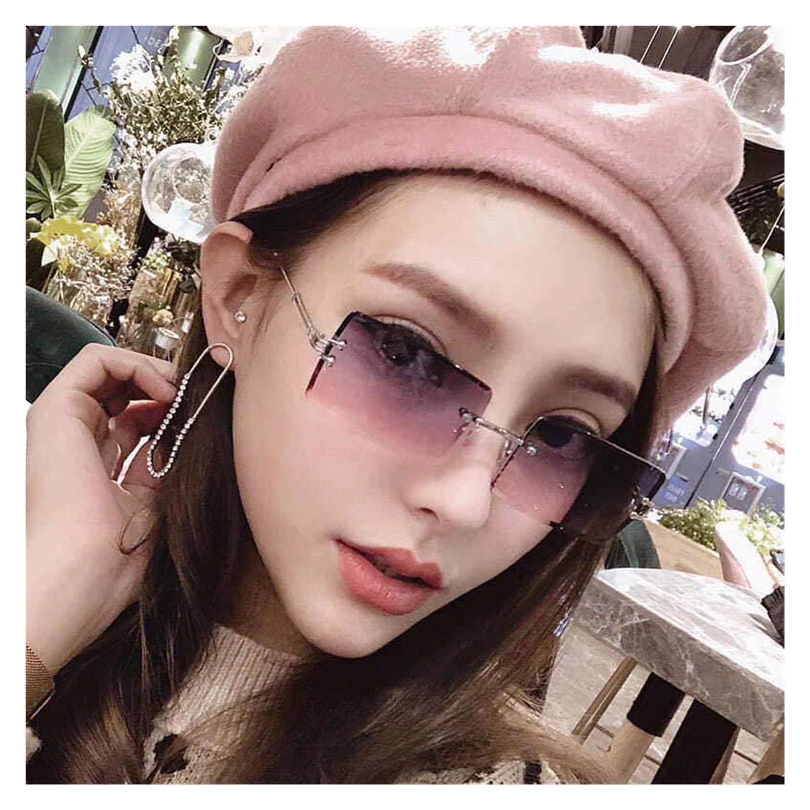 Lunettes De Soleil Femme Sans Monture - Verres Carrés Dégradé Rose/marron - Monture Métal Doré - Style élégant Et Léger