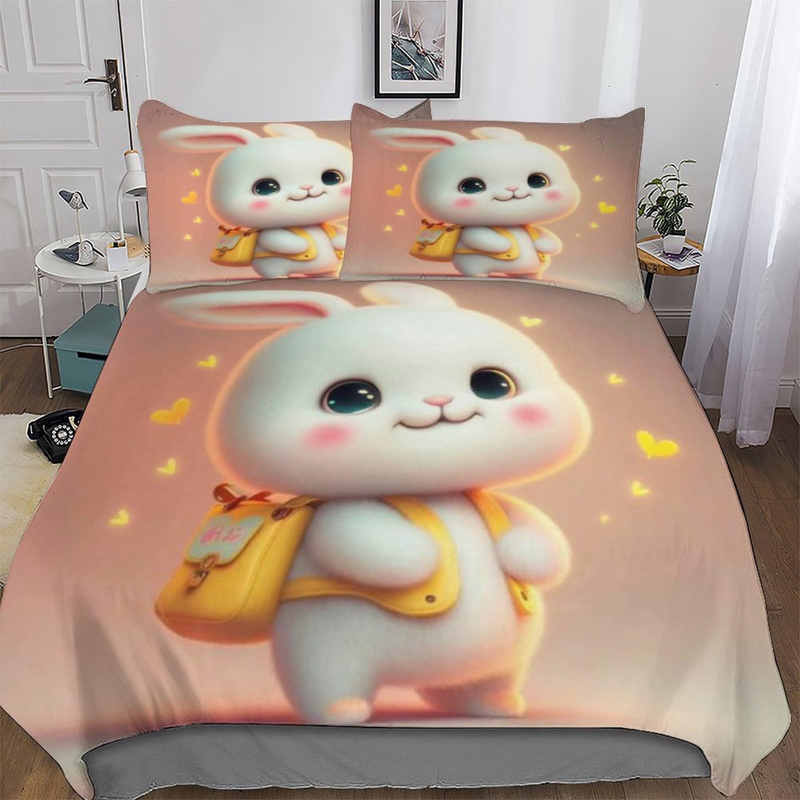 Ensemble linge de lit microfibre anti-plis et hypoallergénique King Size lapin 3D