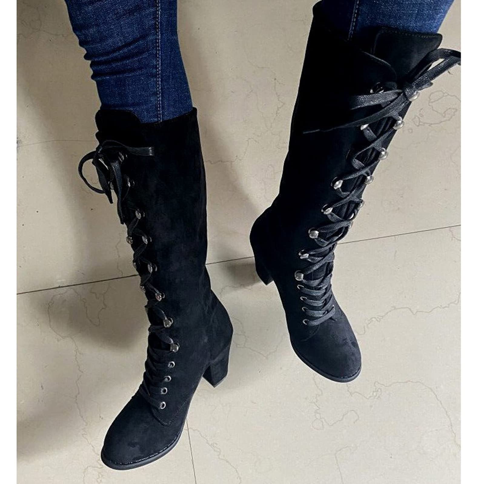 Generisch Bottes d'équitation à lacets pour femme - Bottes western avec talon - Bottes de motard - Bottes de cowboy vintage gothiques - Bottes de travail - Bottes basses à enfiler