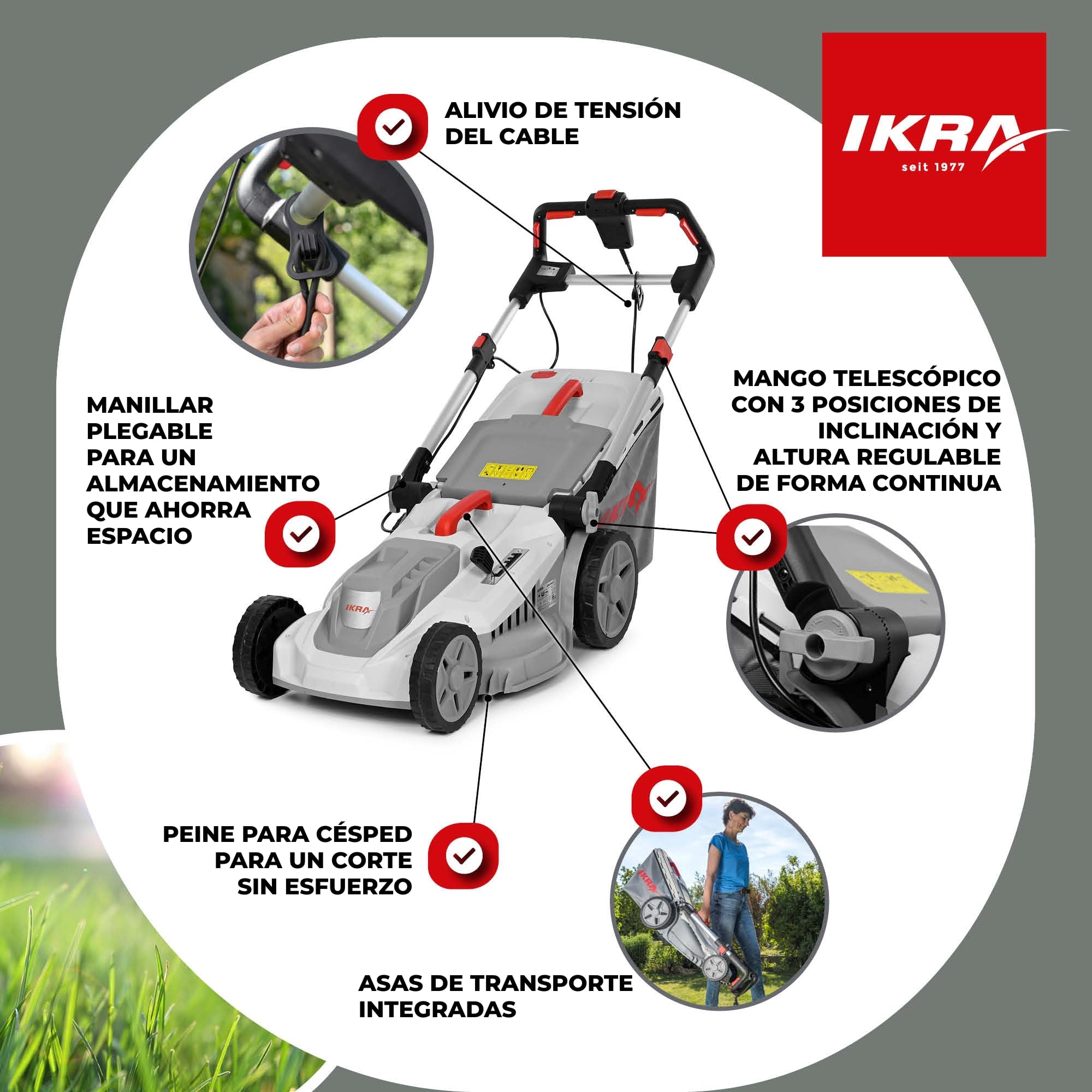 IKRA cortacésped eléctrico IERM 2043 T, 2000W, Altura de Corte 30-75mm, Anchura de Corte 43cm, Incl. Cuchilla de Repuesto & Kit de Mulching