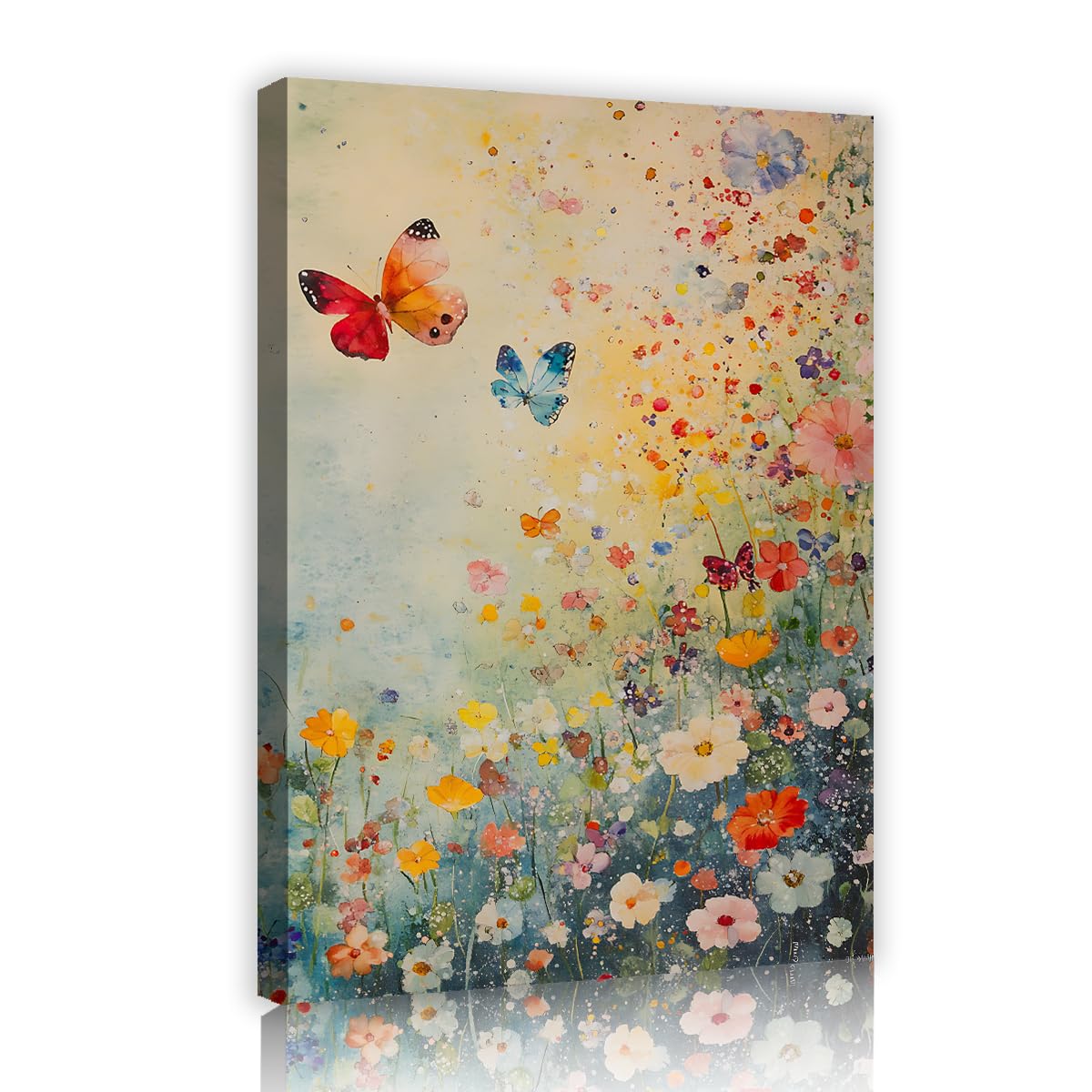 TOANGWALL Watercolor Butterfly Meadow Framed Canvas Artwork Colorful Wildflower Garden Abstract Nature Picture Gallery Wrapped Printed Poster for Kids Bedroom Playroom Decor 75x115cm