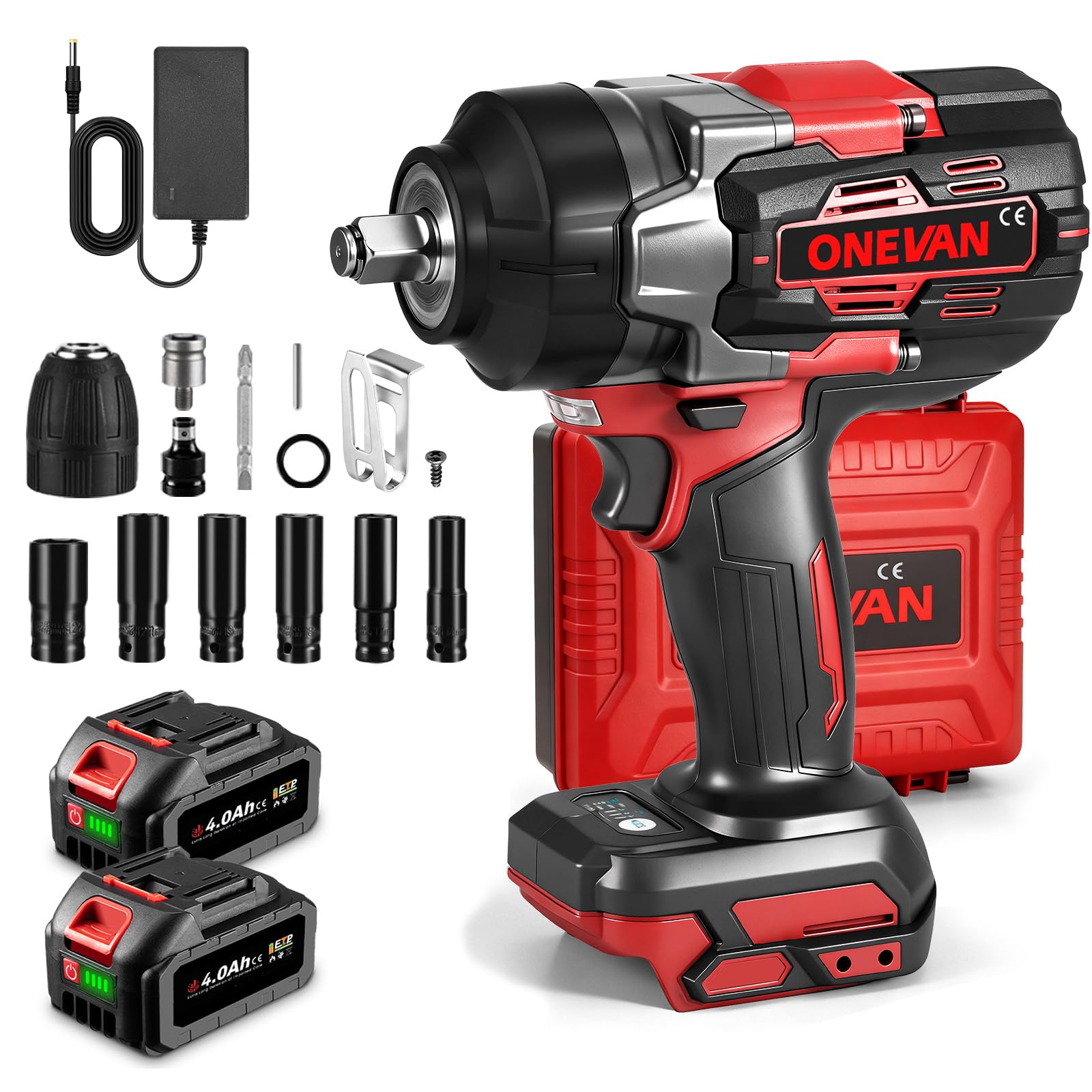 ONEVAN pistola de impacto bateria 1700N.m, 1/2" llave de impacto electrica con 2 baterías de 4000mAh y cargador rápido, sin escobillas (Rojo, Incluye 2 baterías y accesorios)