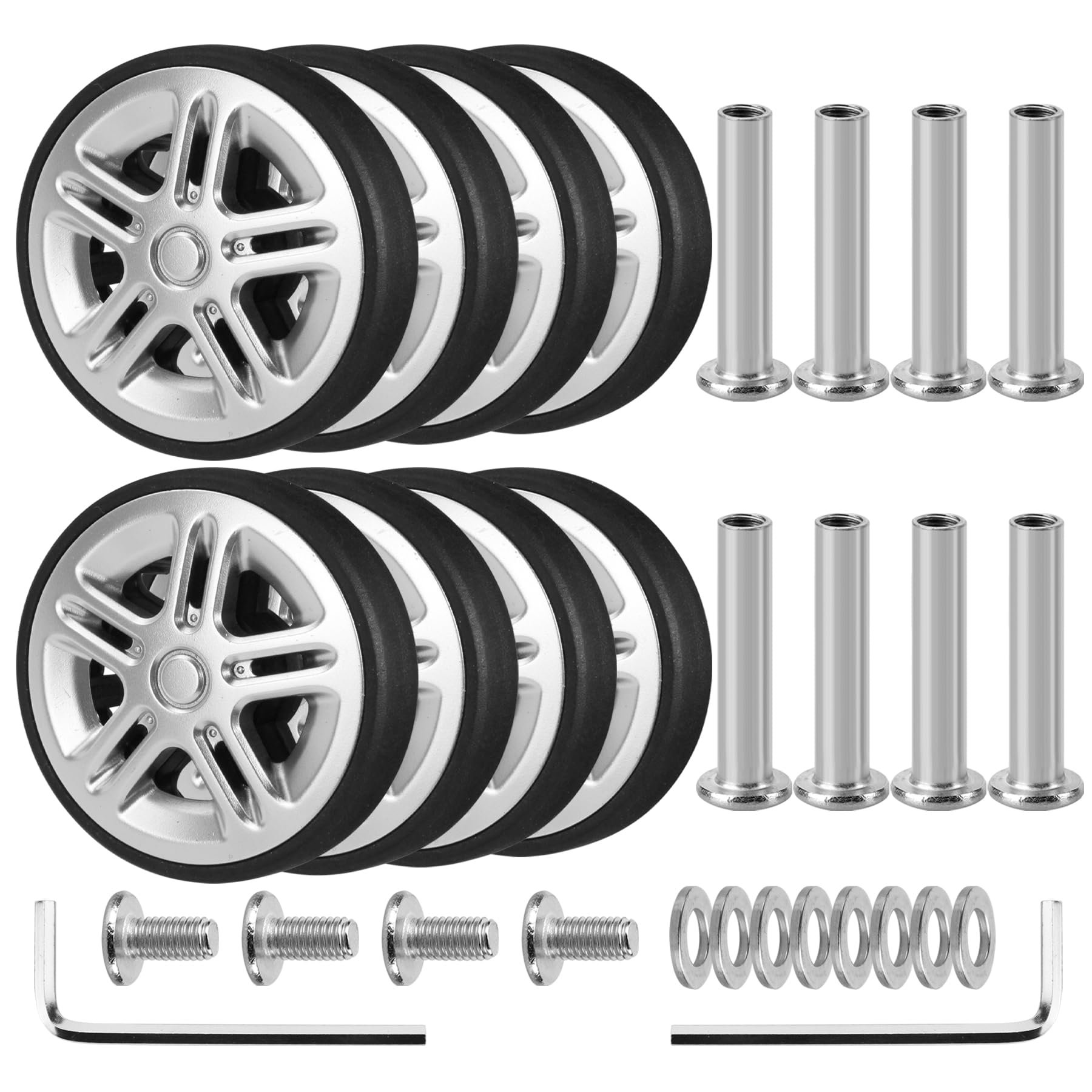Ech.AprLuggage Wheels Replacement OD 50mm, 8 Pcs Suitcase Replacement Double-Row Wheels, Wear Resistant Rubber Repair Swivel Casters for Travel, Silver