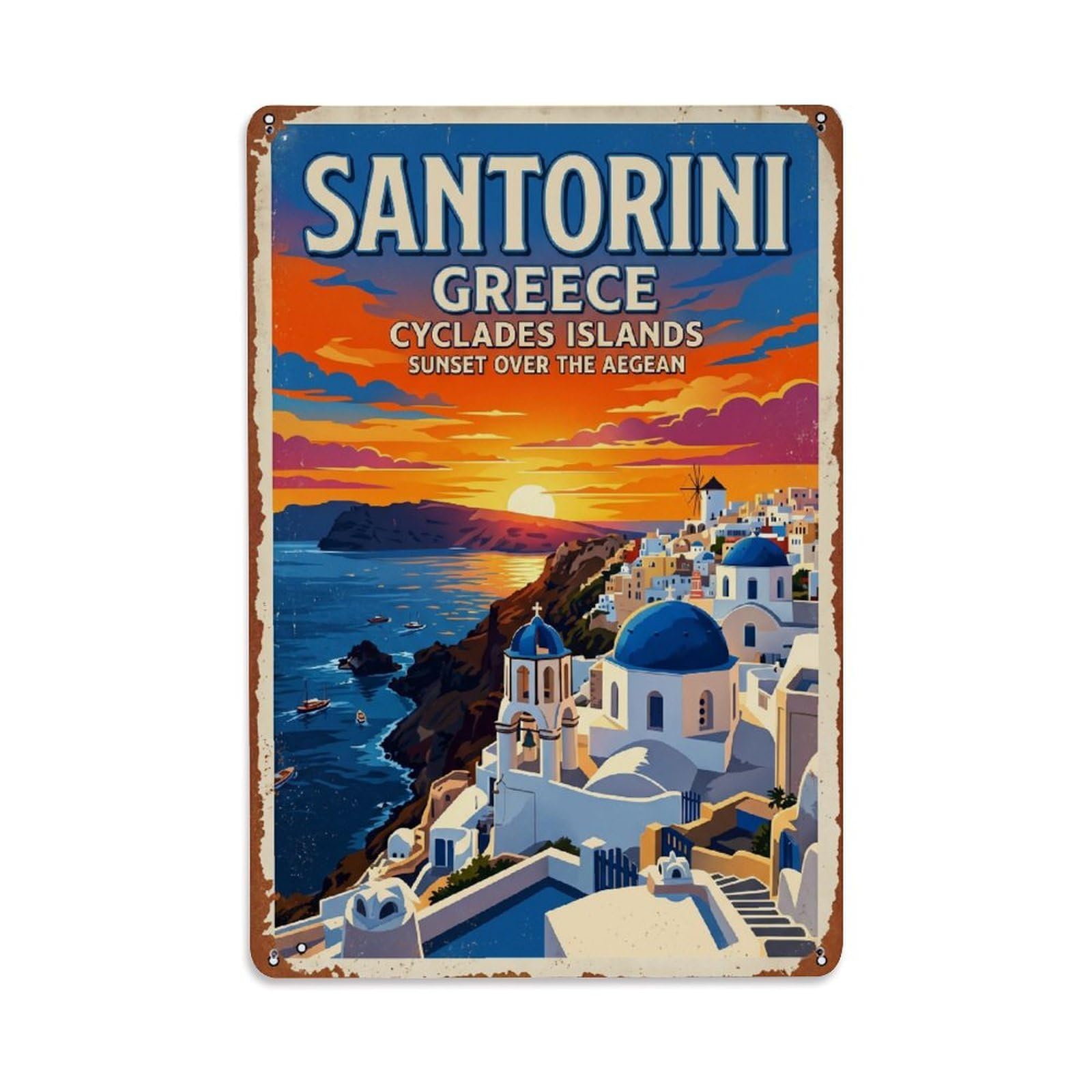 Fyrn Style Metal Tin Sign Vintage Travel Santorini Greece Sunset