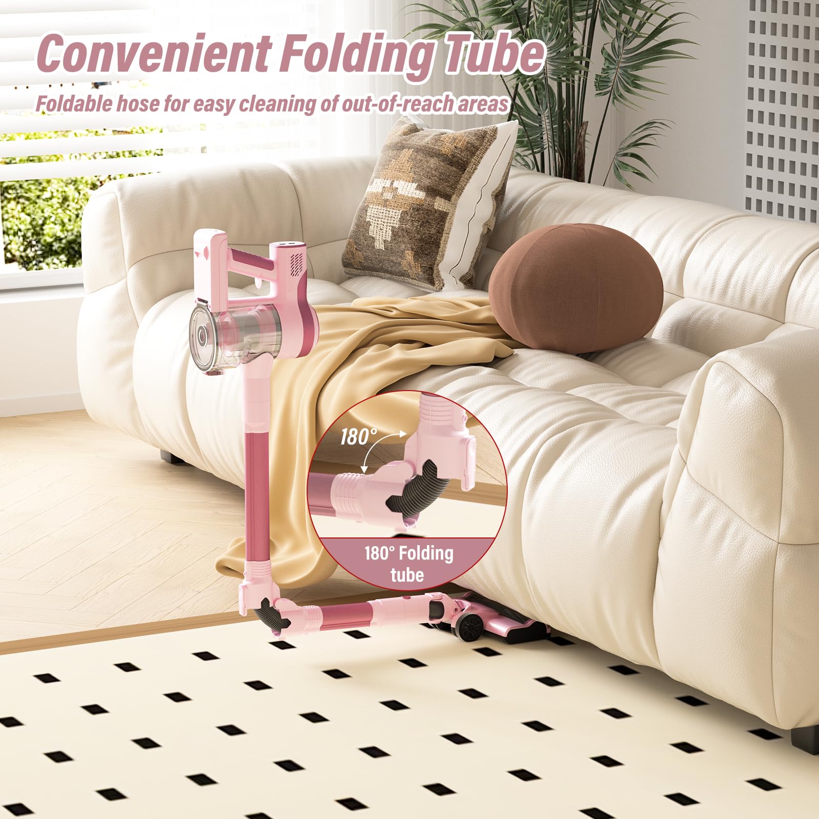 Stanew Aspirapolvere Senza Fili Potente 320W/40 Min/33000Pa, Rosa Scopa Elettrica Senza Fili, Pieghevole a 180°, Filtrazione HEPA, LED, per Peli di Animali, Tappeti, Auto, Pavimenti Dure, Divani