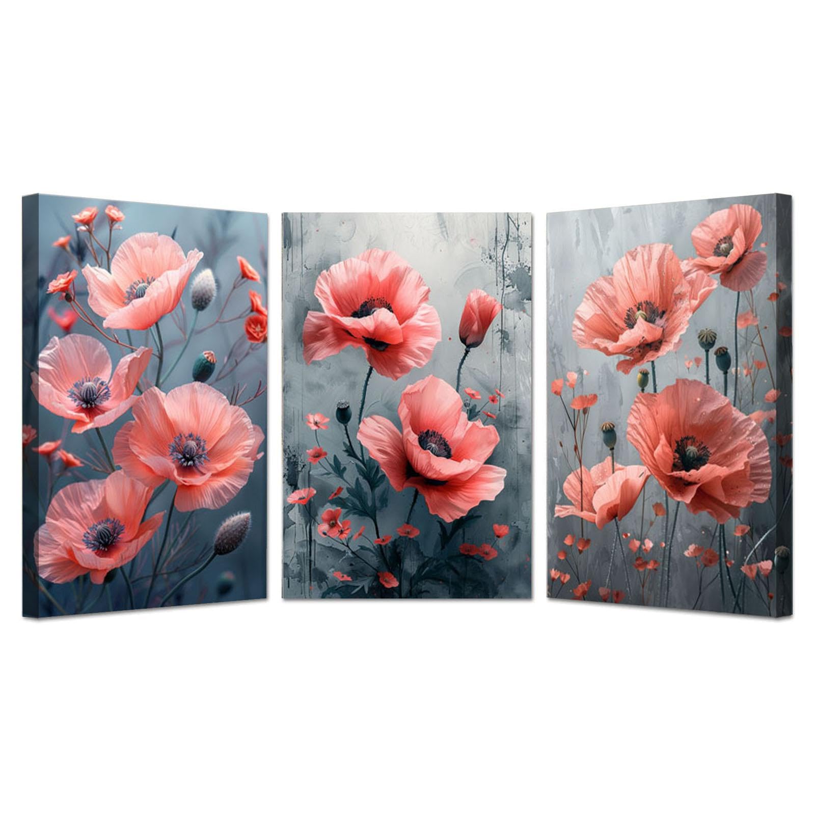 JosuE 3 Piezas Cuadros De Acuarela Flores silvestres abstractas Cuadros BañO Lienzo,Rosa, gris Cuadro DecoracióN De Pared Salon Dormitorio Cocina-40x60cmx3 Enmarcado