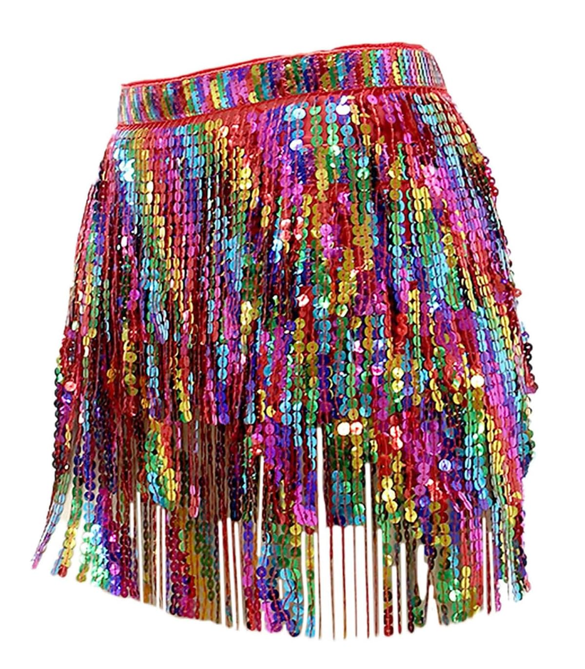 Sequin Tassel Skirt for Women, Glitter Sparkly Fringe Belly Dance Hip Scarf Skirts, 4 Layers Tassels Mini Rainbow Wrap Skirt for Festival Dance Performance Metallic Rave Party Belts Costume Outfits
