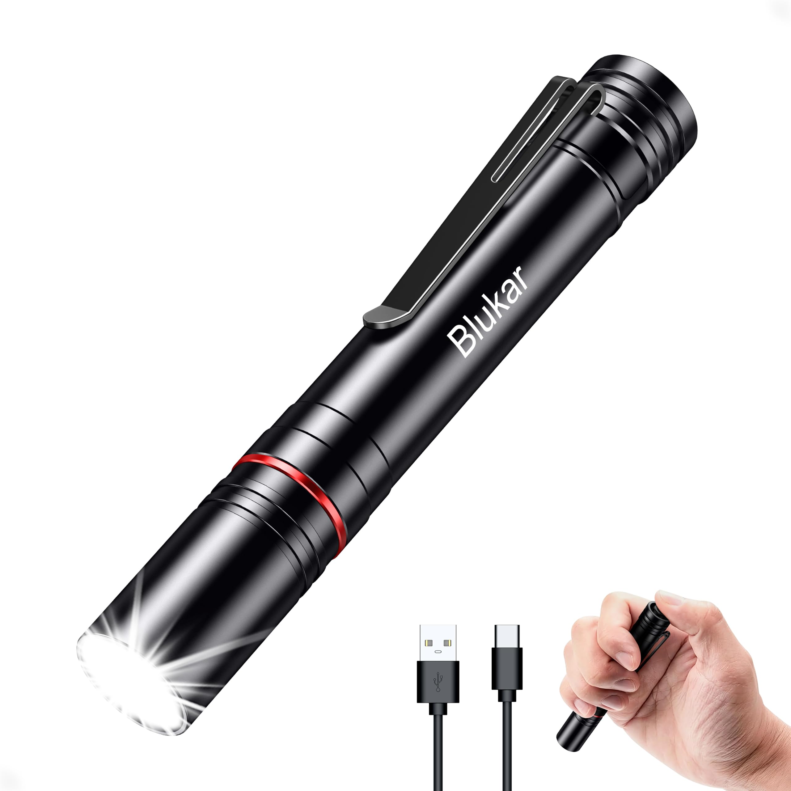 Blukar LED Taschenlampe Mini Hell Stift Licht Lampe Wasserdicht Pen Light | Kompakt Wiederaufladbar Klein EDC Taschenlampen mit 4 Lichtmodi Zoombar Handlampe mit Stiftclip & Schlüsselband