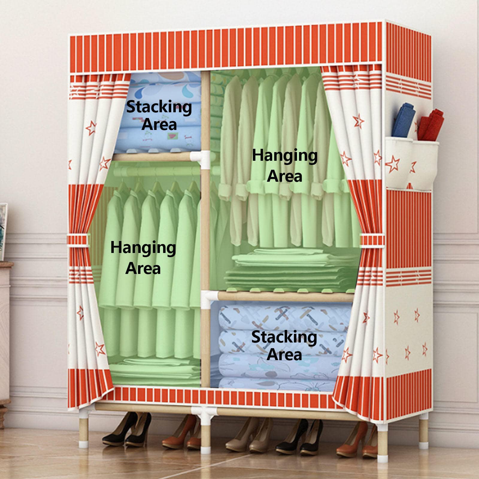 Leinwand-Kleiderschrank, Stoff-Kleiderschrank, tragbare Kleiderschrank-Regale für Schlafzimmer, Kleiderschrank-Aufbewahrungsorganisator mit Kleiderstange und Seitentaschen, B-100 x
