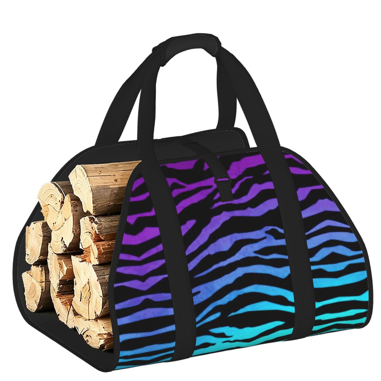 Zebra Stripes Printed Firewood Carrier Bag, Log Tote with Open-Ended Design for Camping Outdoor Wood Hauling