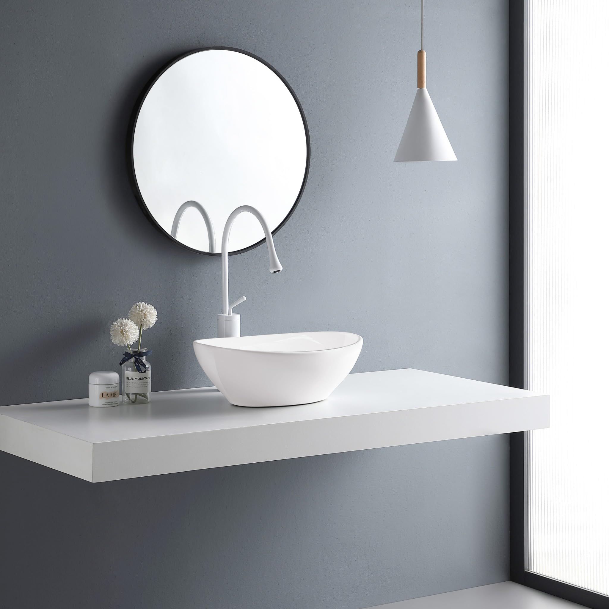AQUAUNO GOYA Lavabo Ovalado de Cerámica Blanca 42 x 33 cm sin Orificio para Grifo y Rebosadero para Baño y Aseo de Invitados