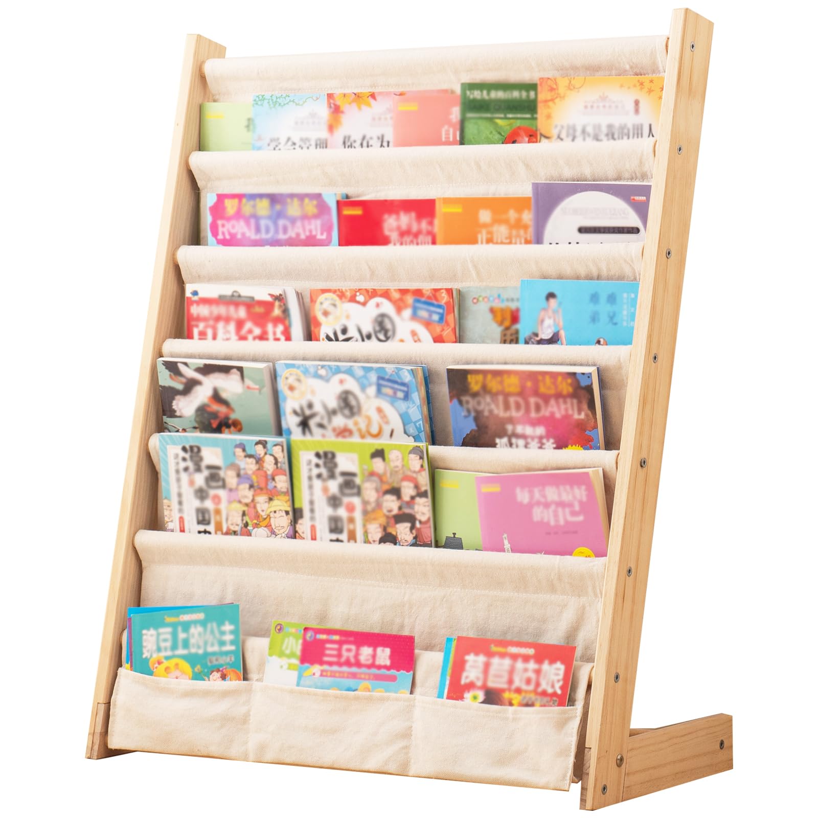 Wooden Bookshelf for Kids Wood Bookrack Canvas Book Storage Shelf Display Bookshelf 6 Tier Kids Book Rack for Bedroom Living Room Playroom Storage