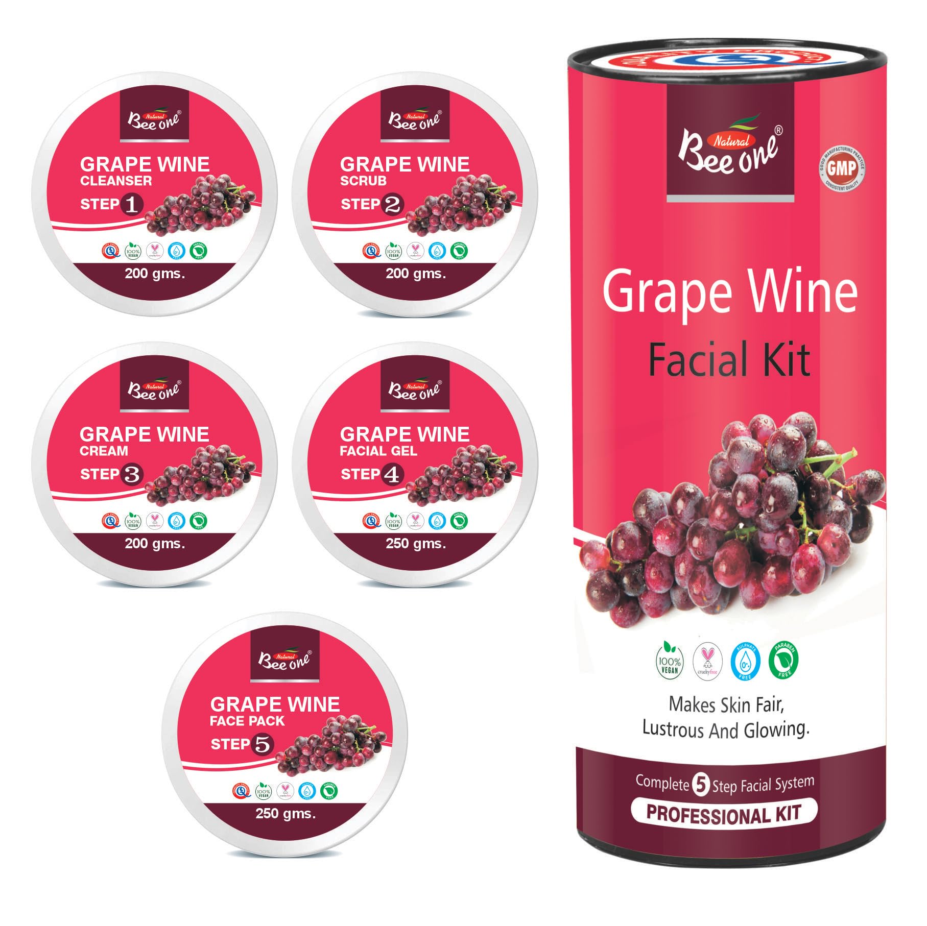 Bee One Grape Wine 5 step Facial Kit for Radiance & Youthful Glow 1100 g | Suitable for all Skin Types | Get upto 40 uses in this 1 kit
