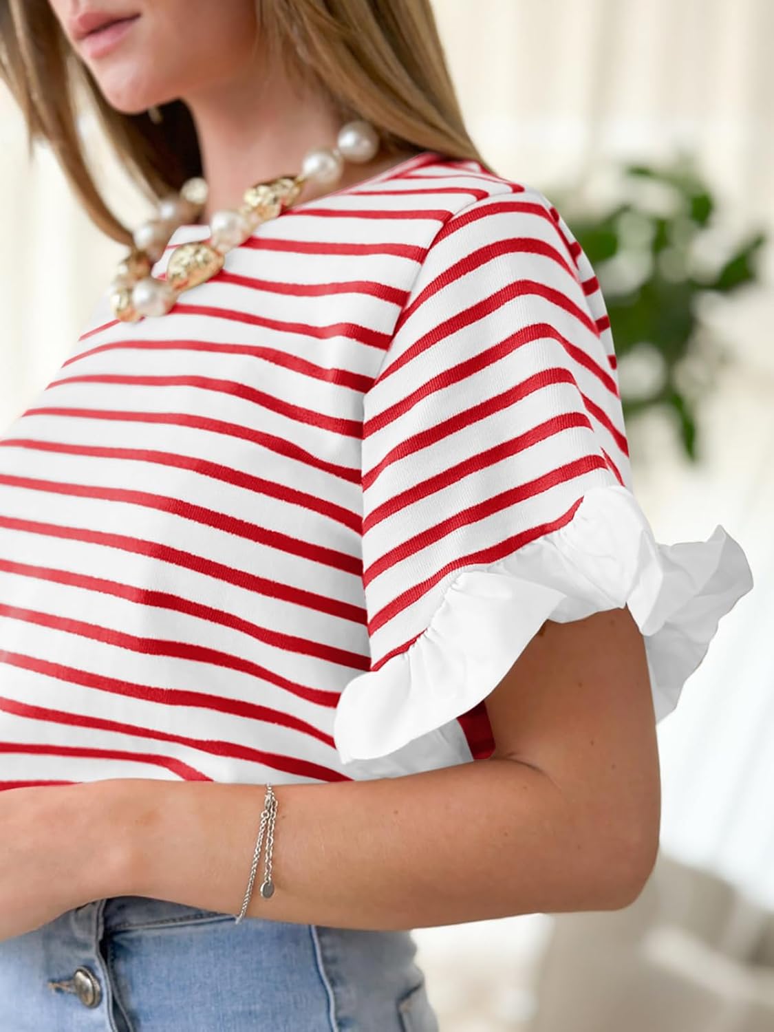 Tankaneo Women Striped Tops Ruffle Sleeve Casual Basic T Shirts Crewneck Short Sleeve Shirt Summer Outfits - Image 4