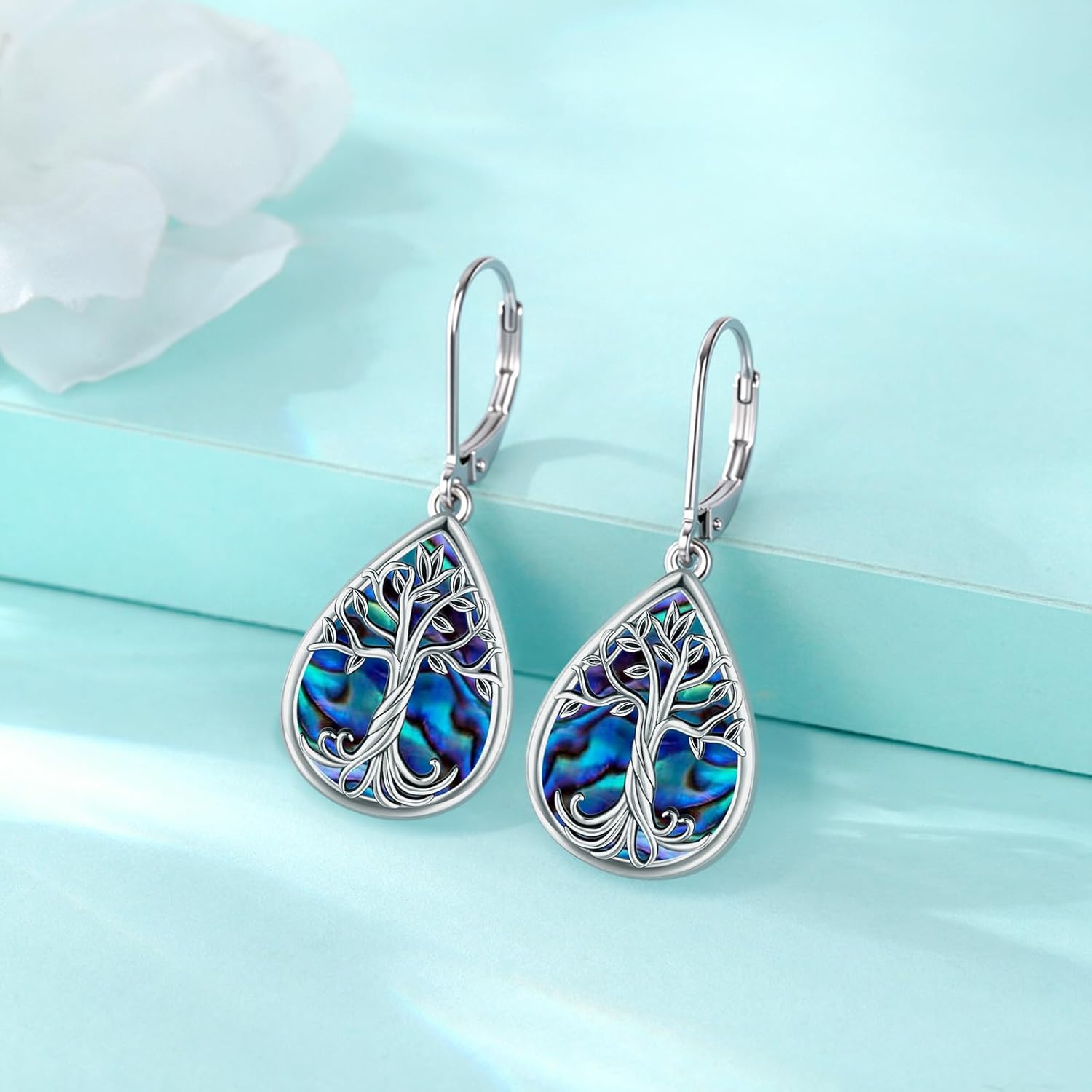 Eusense Sterling Silver Earrings for Women Moonstone/Turquoise/Abalone Shell/Tree of Life/Animals Dangle Leverback Earrings Jewelry - Image 4