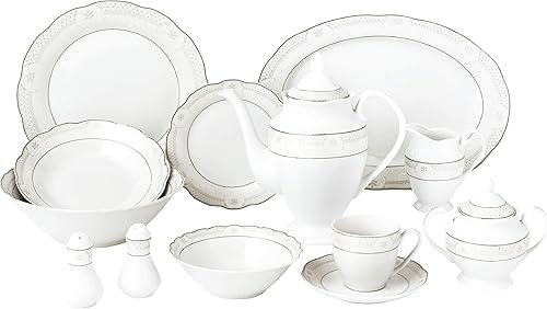 Unknown1 Juego de vajilla ondulada de porcelana china para 8 personas-Atara de plata con bandas casuales redondas de porcelana apta para lavavajillas
