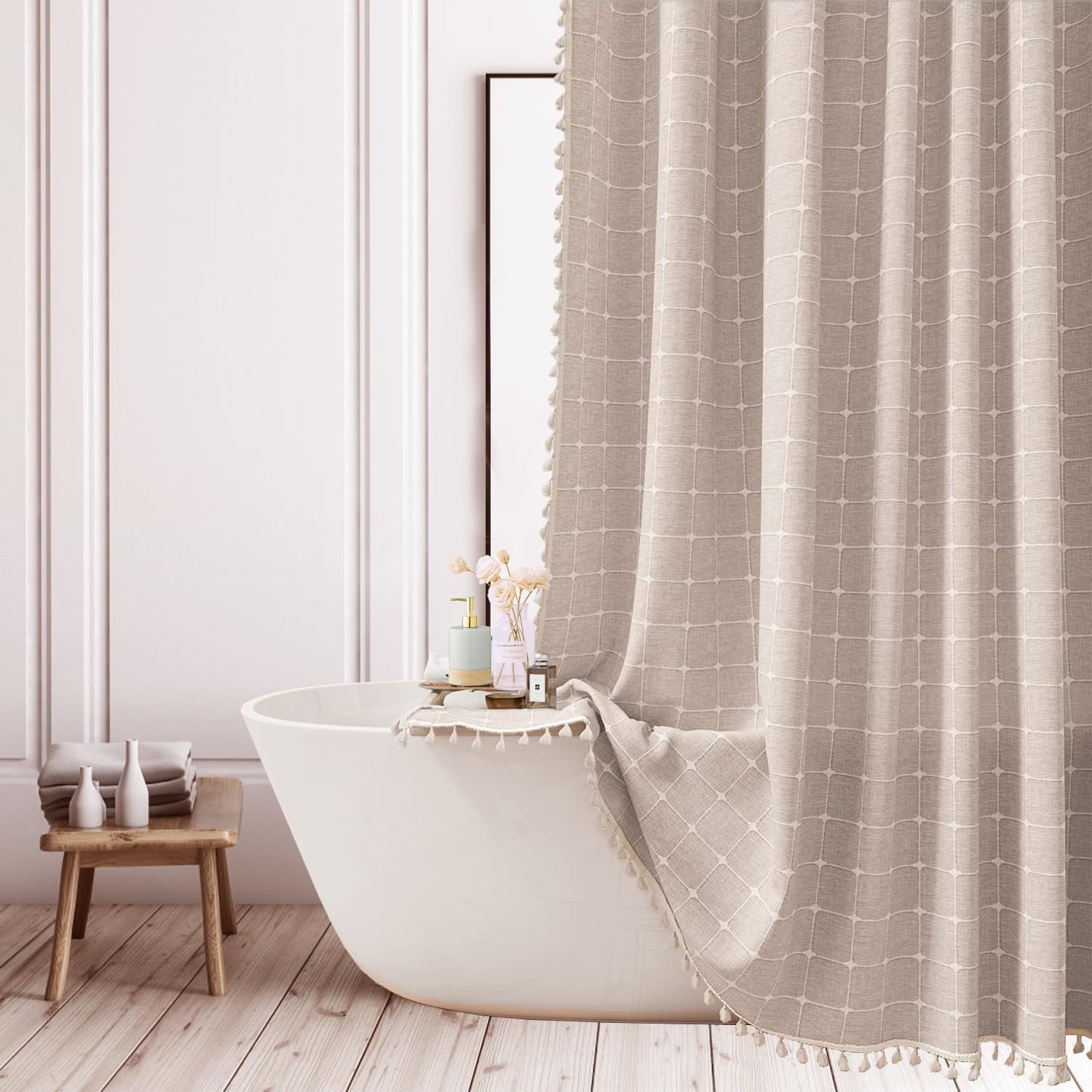 Farmhouse Plaid Shower Curtain - Boho Checkered Fabric Shower Curtains for Bathroom, Cute Wrinkle Free Bathroom Curtain Set with Tassel - Bohemian Vintage Shower Curtain Extra Long XL 71x83