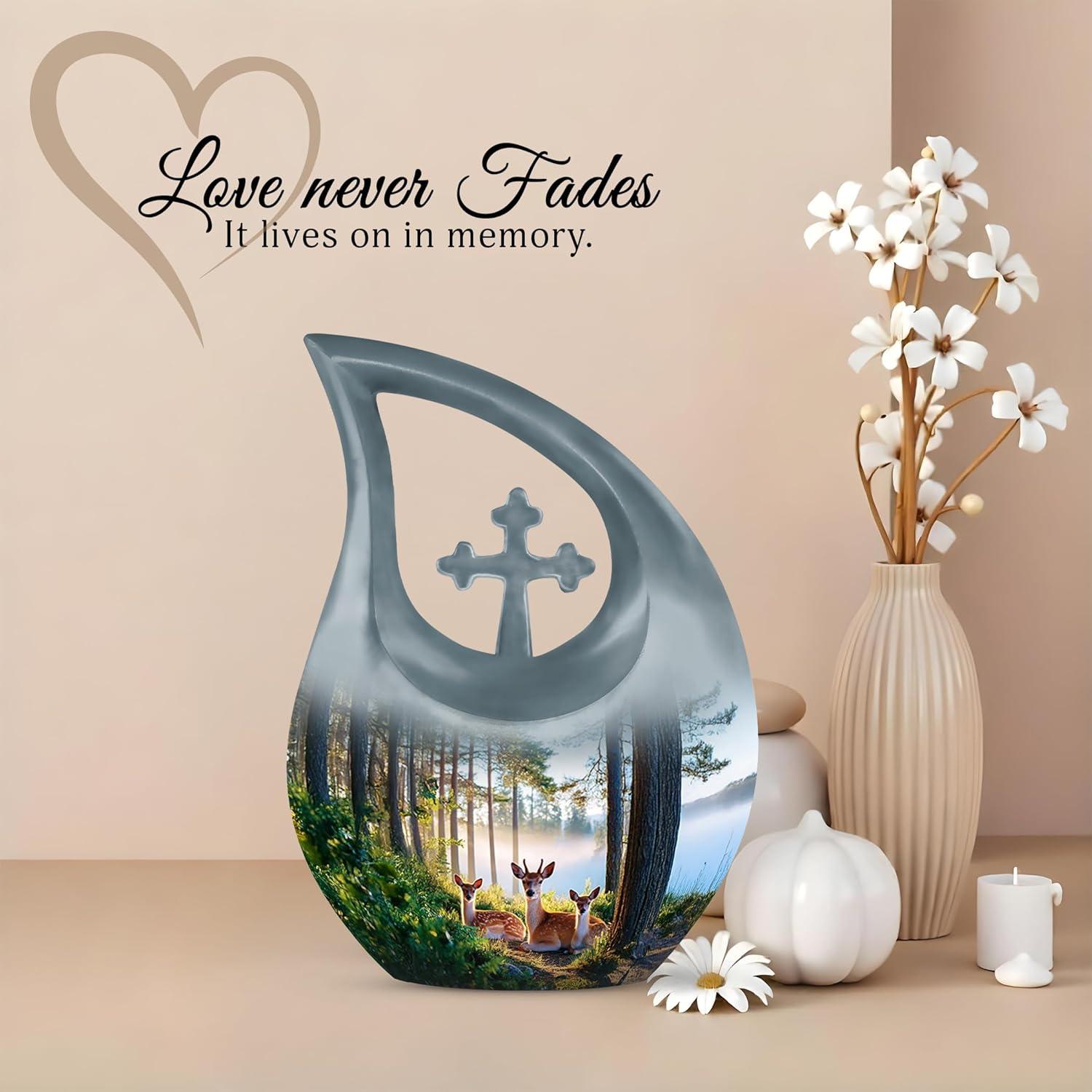 Deer Memorial Urns for Adult Male, Black Drop Funeral Urns for Human Ashes Adult Female, Teardrop Cremation Urn Set of 1 Large & 4 Keepsake, Drop Urn for Ashes for Women - 10 & 3 Inch