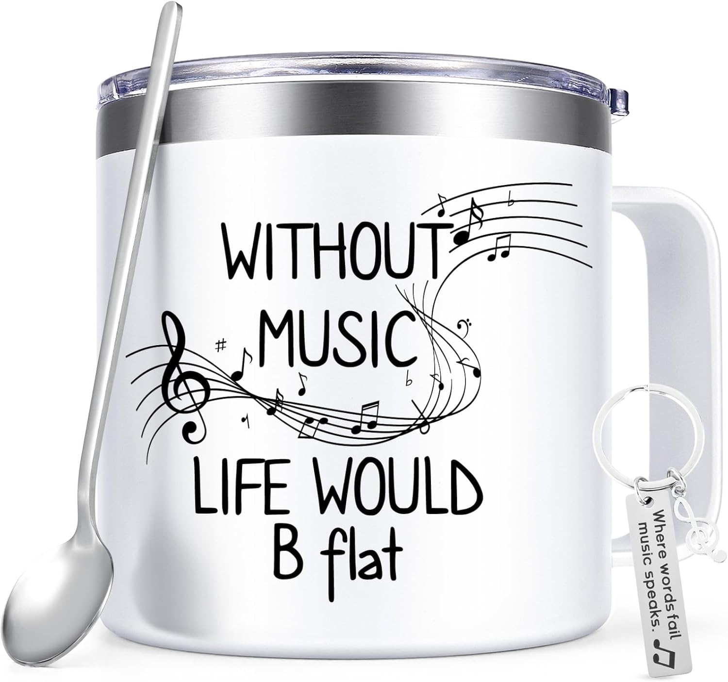 Lifecapido Music Teacher Gifts, Without Music Life Would B Flat Coffee Mug, Music Teacher Appreciation Gifts for Music Teacher Music Lover Musicians, 14Oz Stainless Steel Coffee Mug with Lid, White