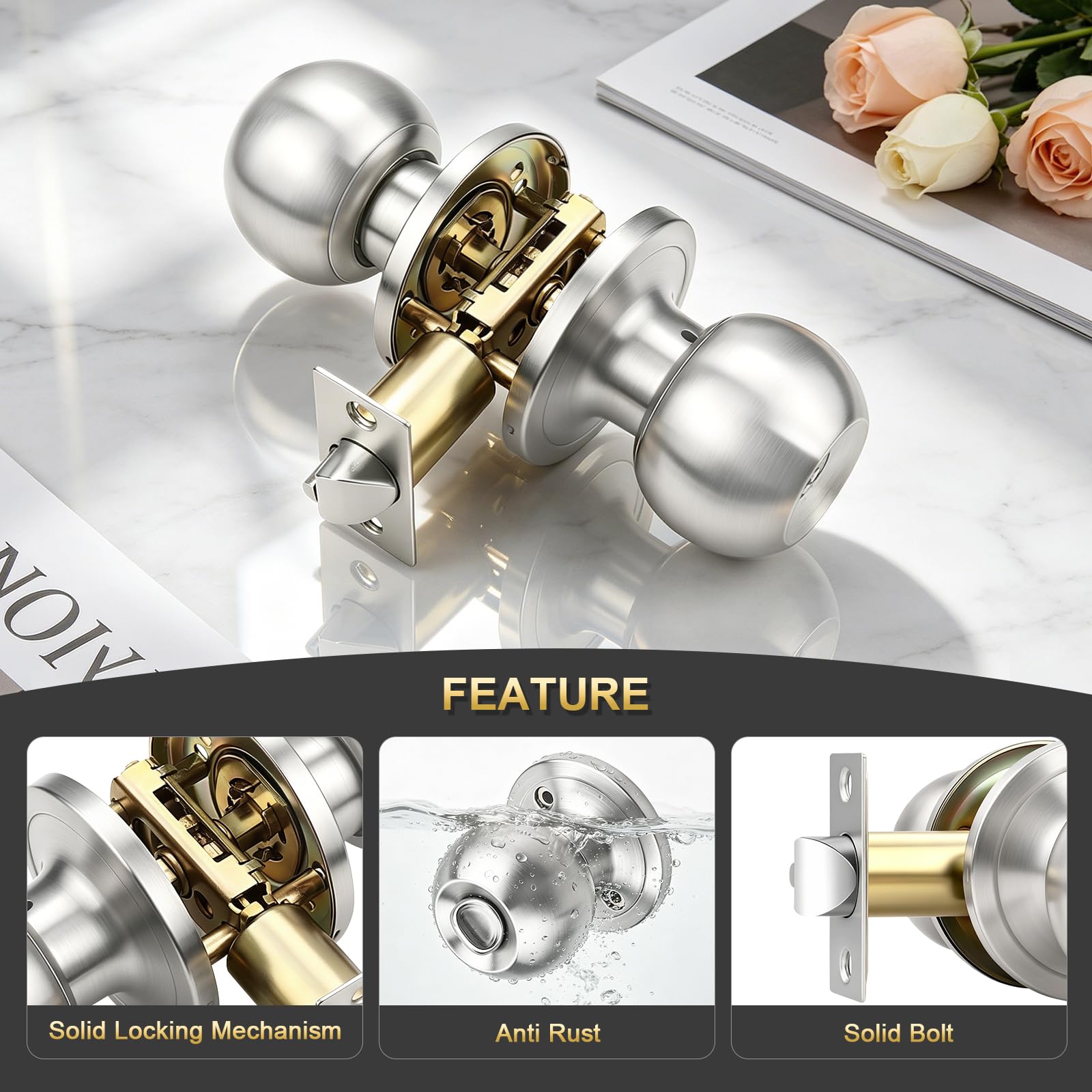 Satin Nickel Door Knobs - 2 Pack with Keys -3