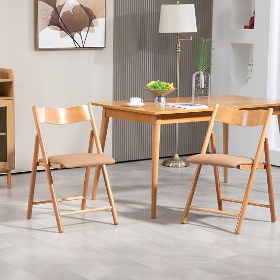 Folding Chairs Set of 2, Wooden Foldable Dining Chairs with Faux Leather Cushion 2-Pack Portable and Stackable Chairs for Dining Kitchen Office Wedding Picnic(Khaki,2Pack)