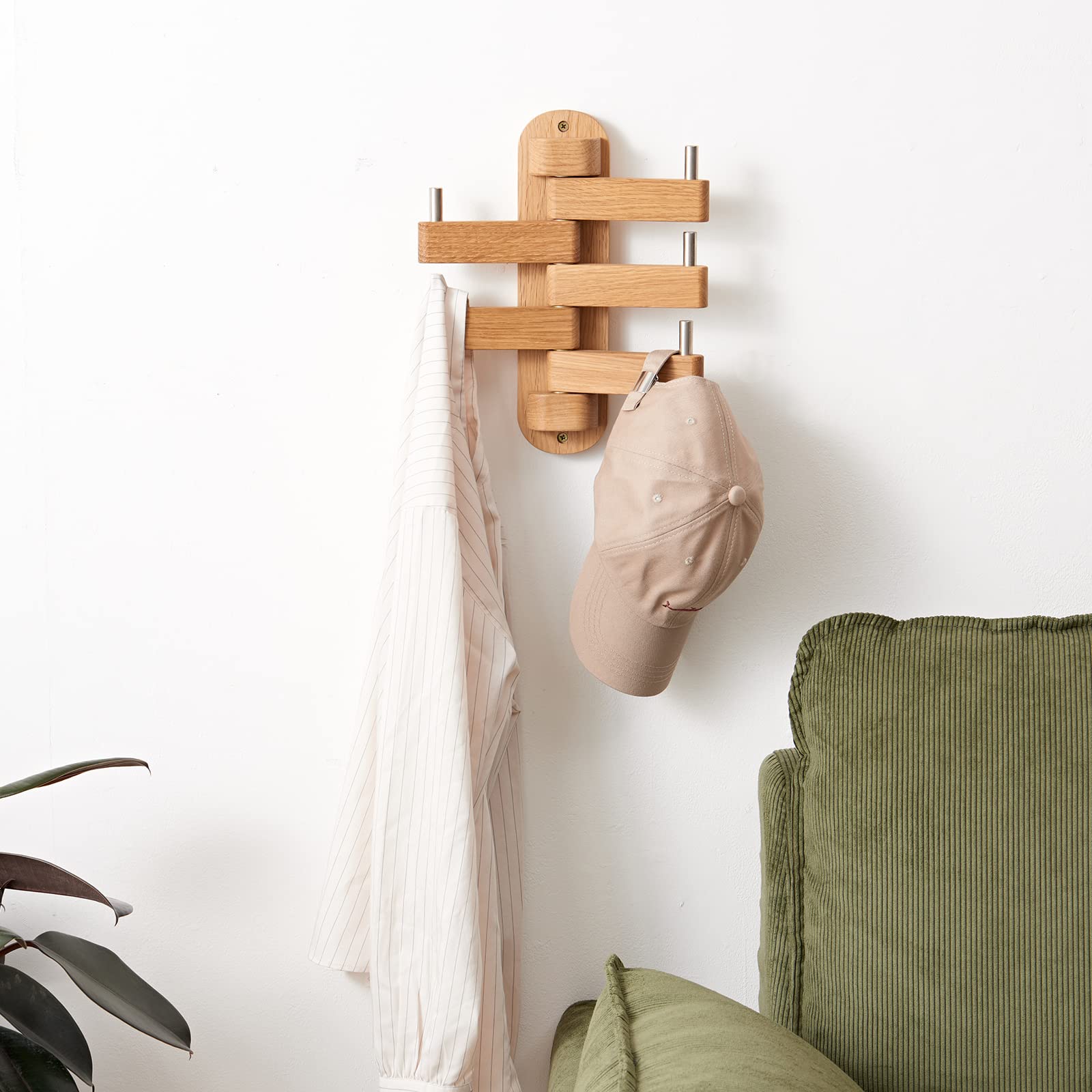 OAKERLAND Houten kapstok aan de muur, 50 cm eiken drijvende haken voor jassen, tassen, sjaals, handtassen, 5 haken takvorm kapstok voor entree, woonkamer, slaapkamer, kantoor